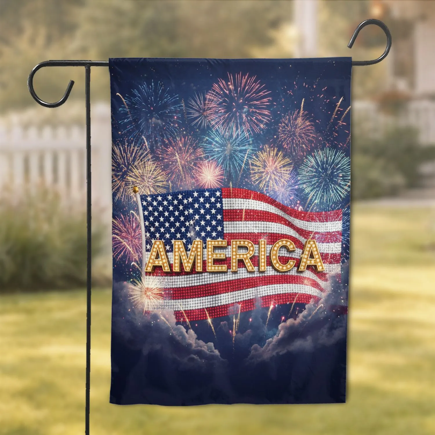 Illuminated American Flag 'AMERICA' Marquee Fireworks - Independence Day Celebration Garden Flag - 1