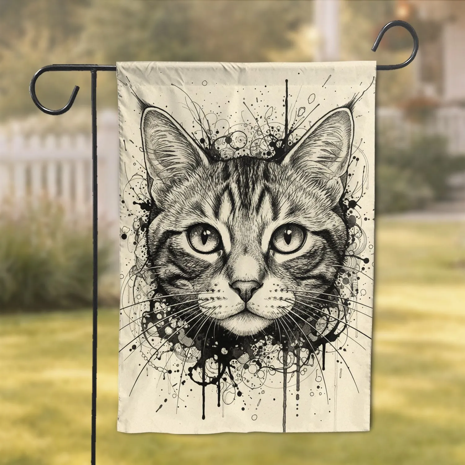 Ink Splatter Black Cat Face Luminous Eyes Prominent Whiskers - Cat Lover Home Decor Gift Garden Flag - 1