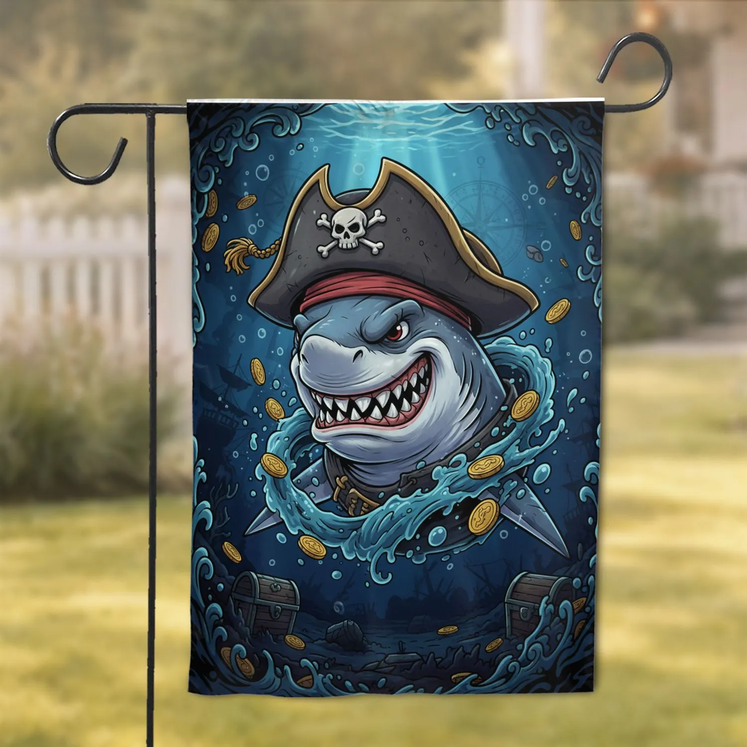 Great White Shark Pirate Skull Crossbones - Underwater Adventure Gift for Pirate Fan Garden Flag - 1