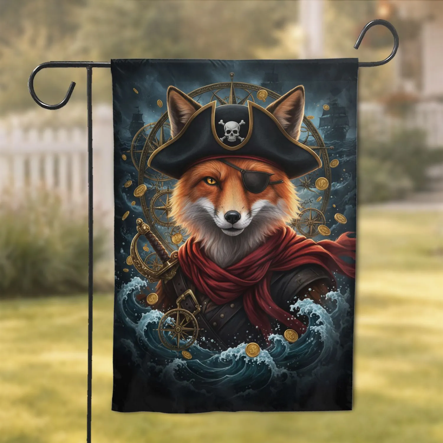 Red Fox Pirate Tricorn Hat Skull Emblem - Home Decor Adventure Gift Garden Flag - 1