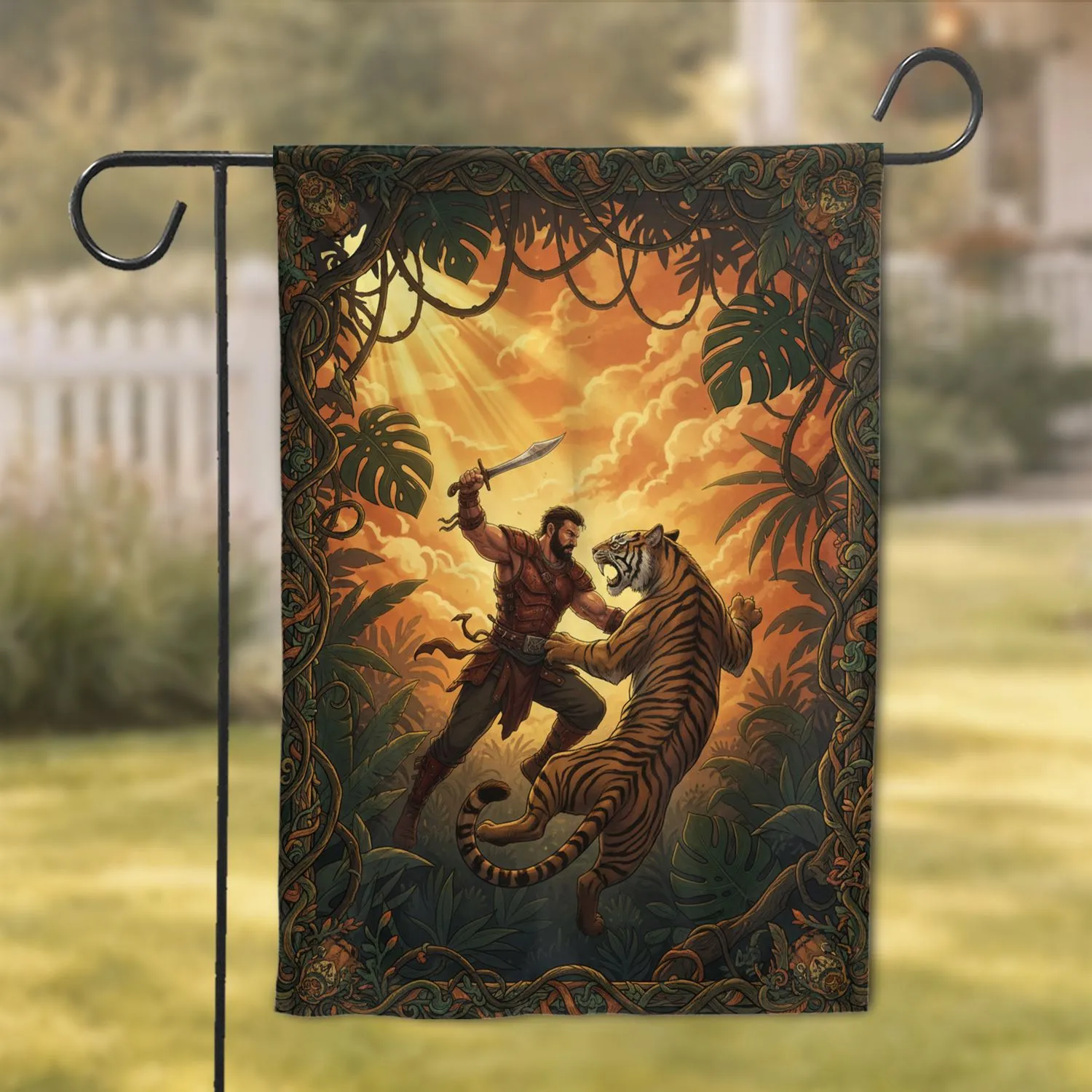 Intense Tropical Jungle Warrior Tiger Struggle - Wildlife Lover Home Decor Gift Garden Flag - 1