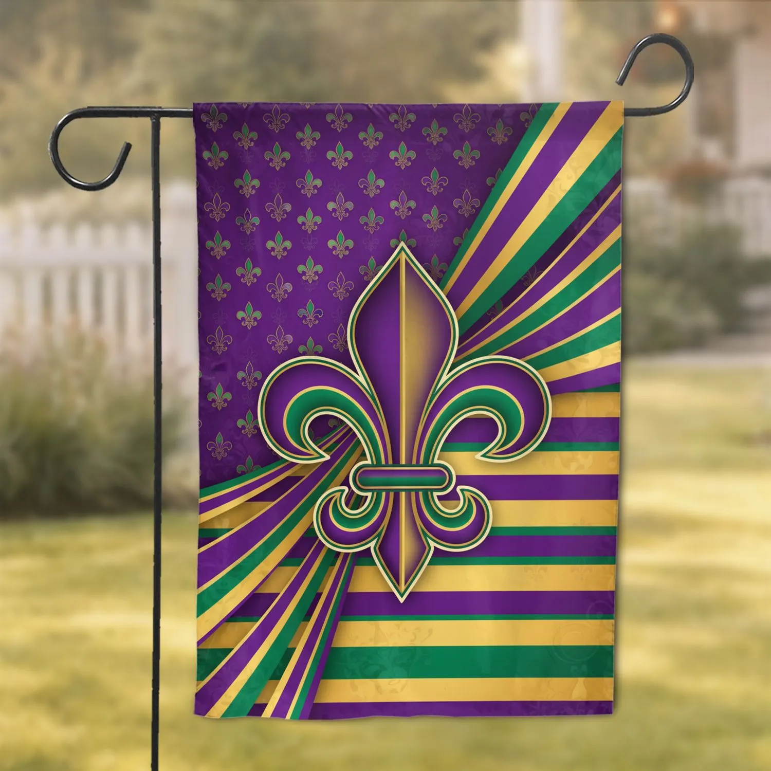 Purple Green Gold Fleur-de-Lis Stripes - Mardi Gras Festive Celebration Garden Flag - 1