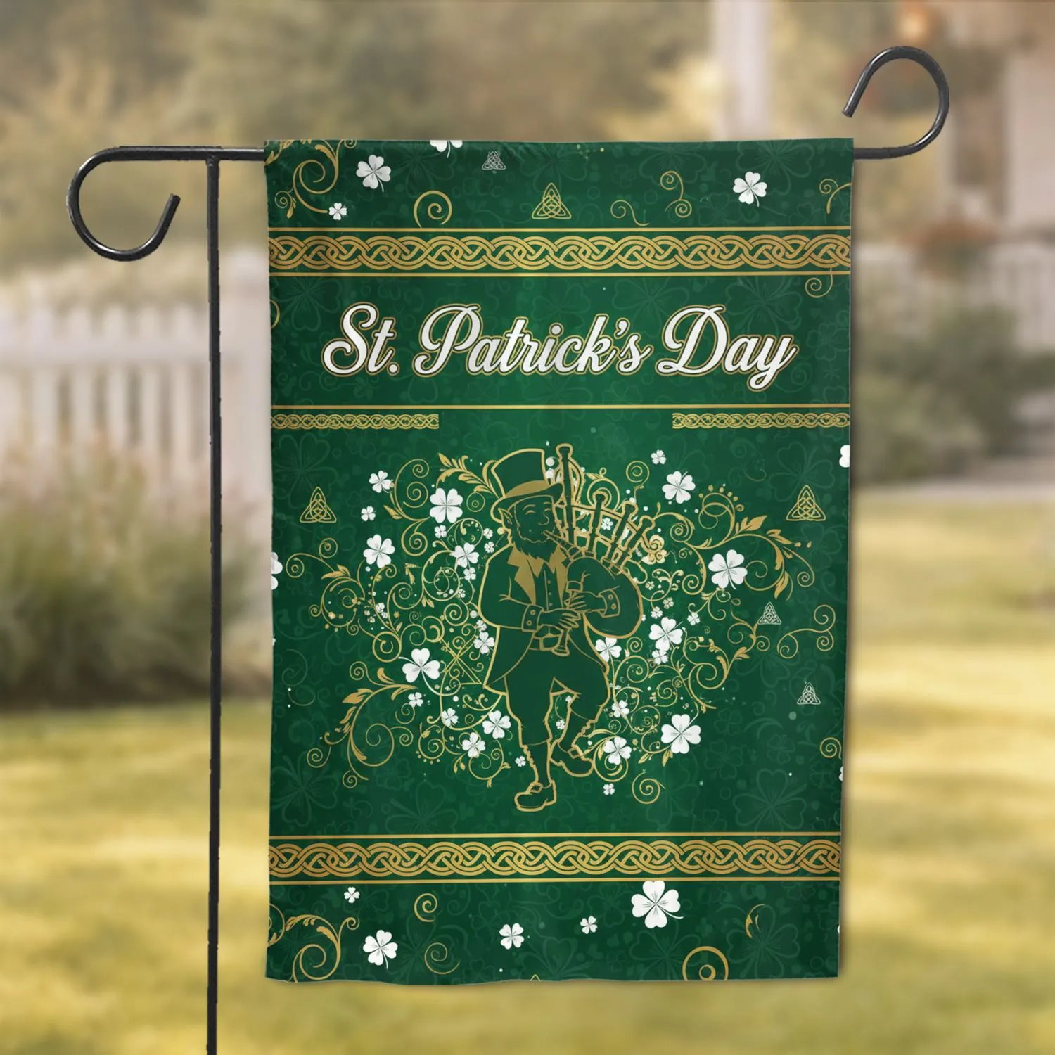 Emerald Green Leprechaun Bagpiper Celtic Shamrock Clover St. Patrick's Day Festive Celebration Garden Flag - 1