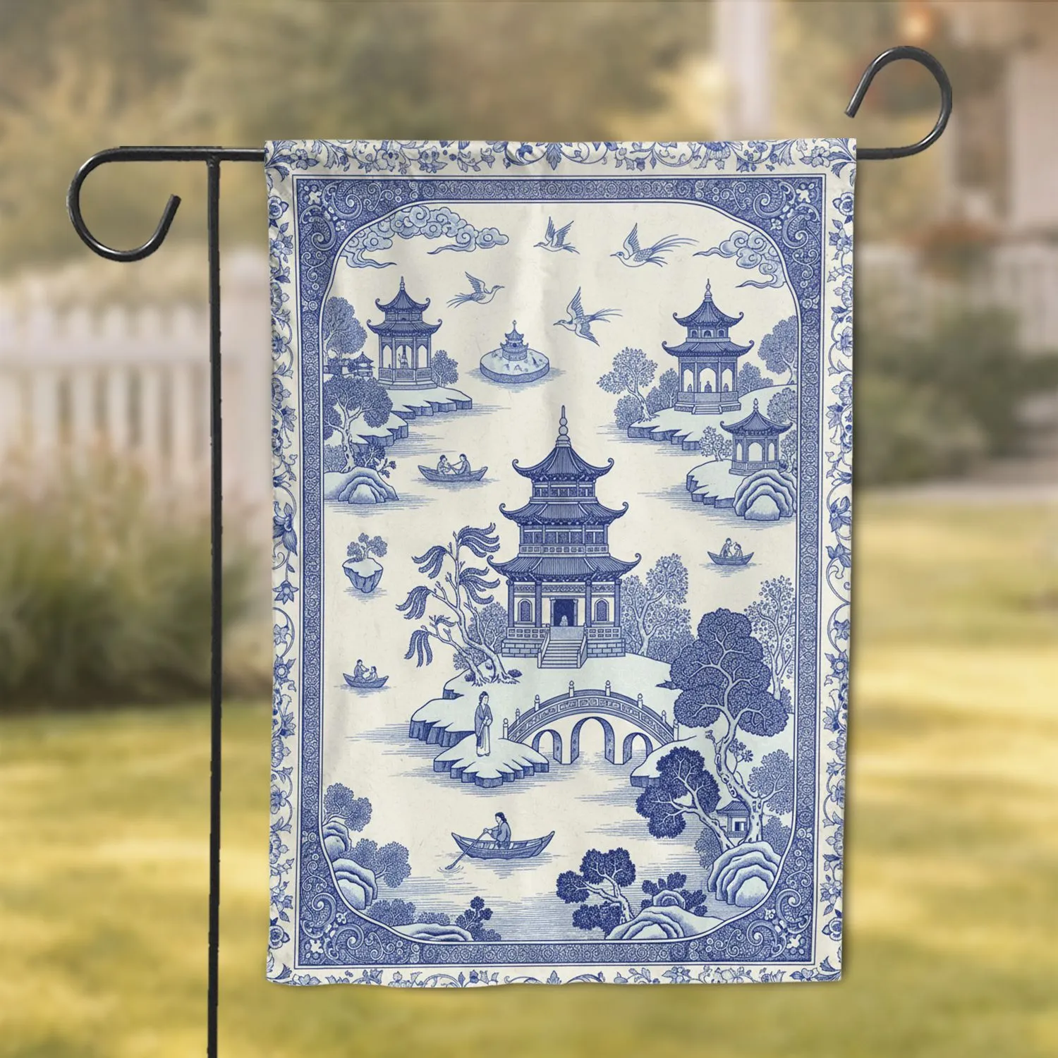 Blue Chinoiserie Pagoda Bridge Island Landscape Home Decor Gift for Design Lovers Garden Flag - 1