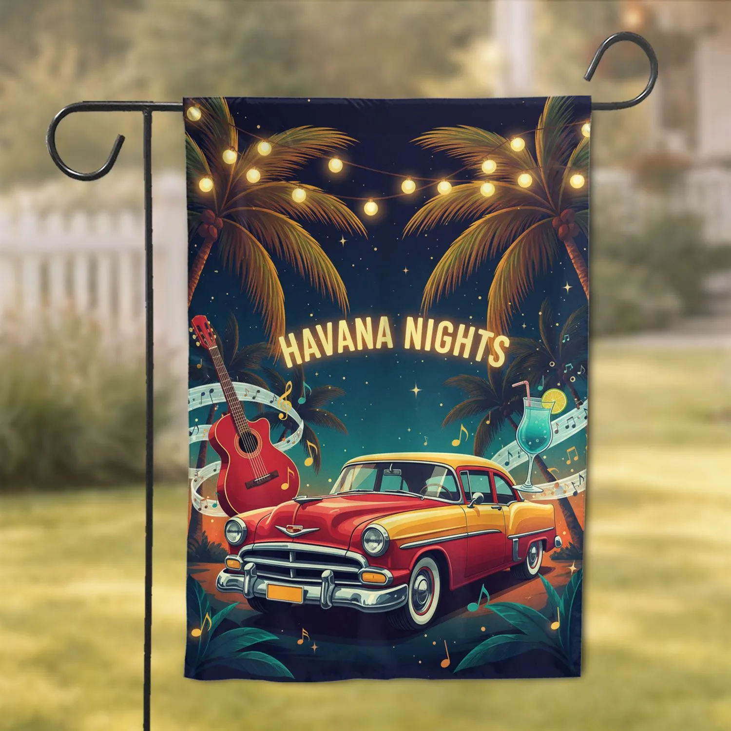 Havana Nights Vintage Car Tropical Guitar Cocktail - Festive Home Decor Gift Garden Flag - 1