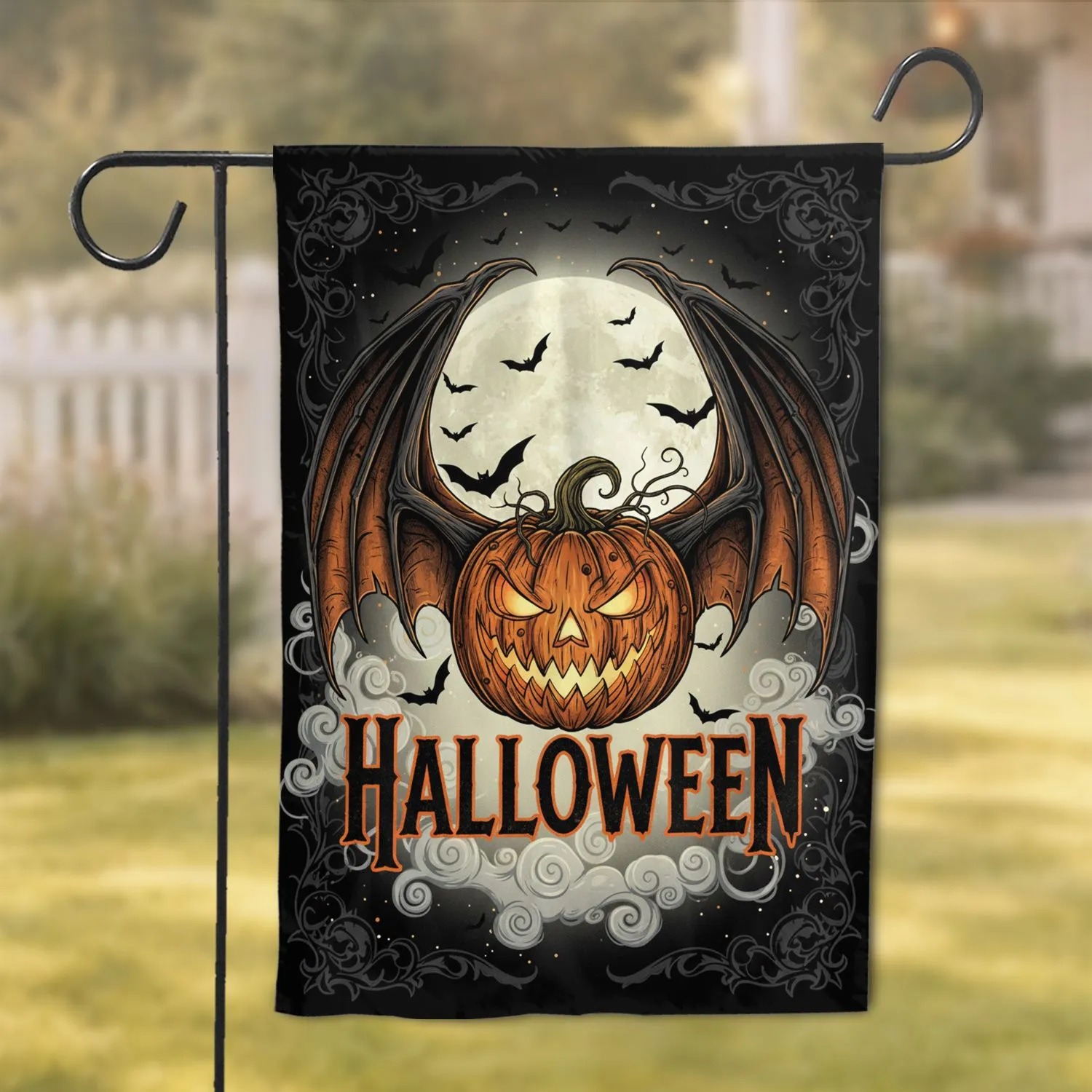 Winged Jack-O-Lantern Full Moon Bats - Halloween Holiday Decor Garden Flag - 1