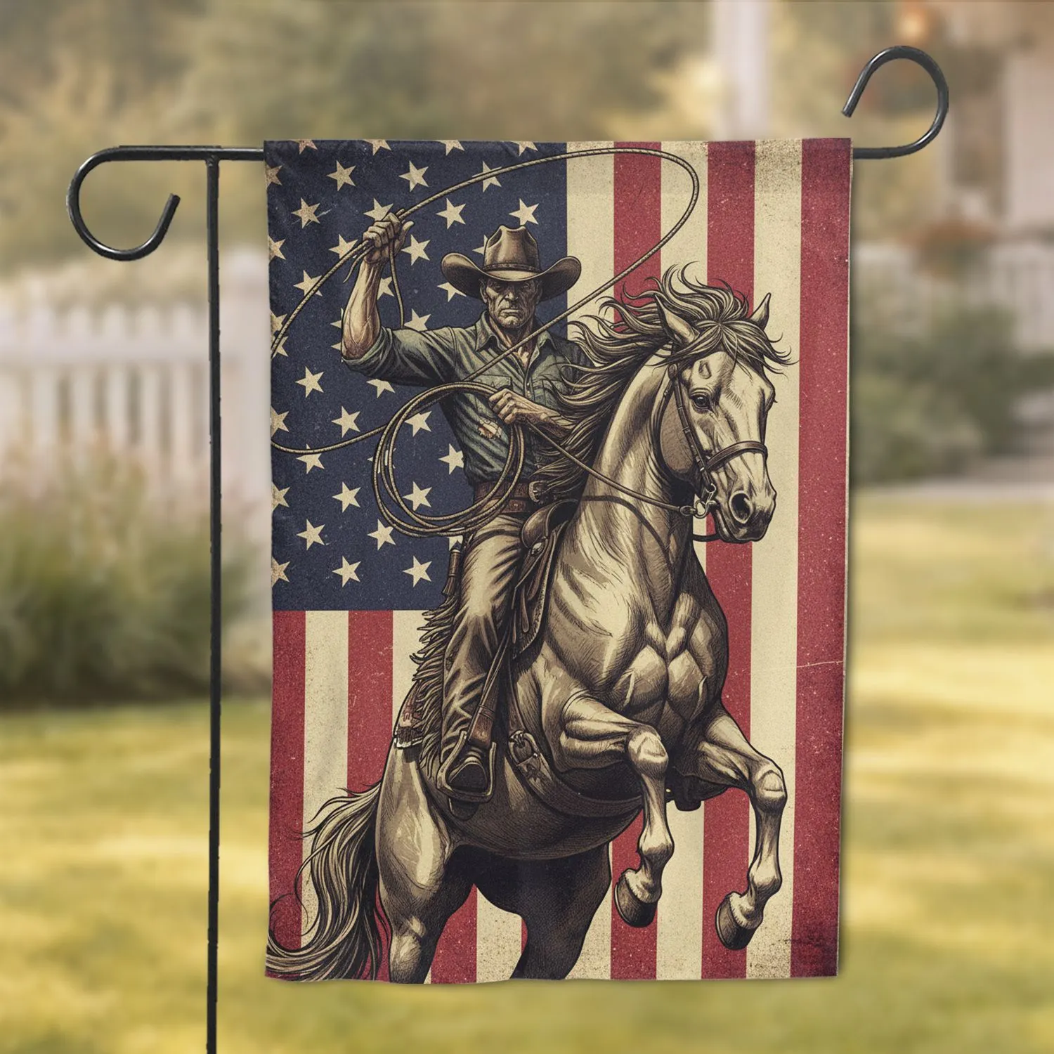 Western Cowboy Rearing Horse Lasso American Flag - Home Decor Gift for Western Lover Garden Flag - 1