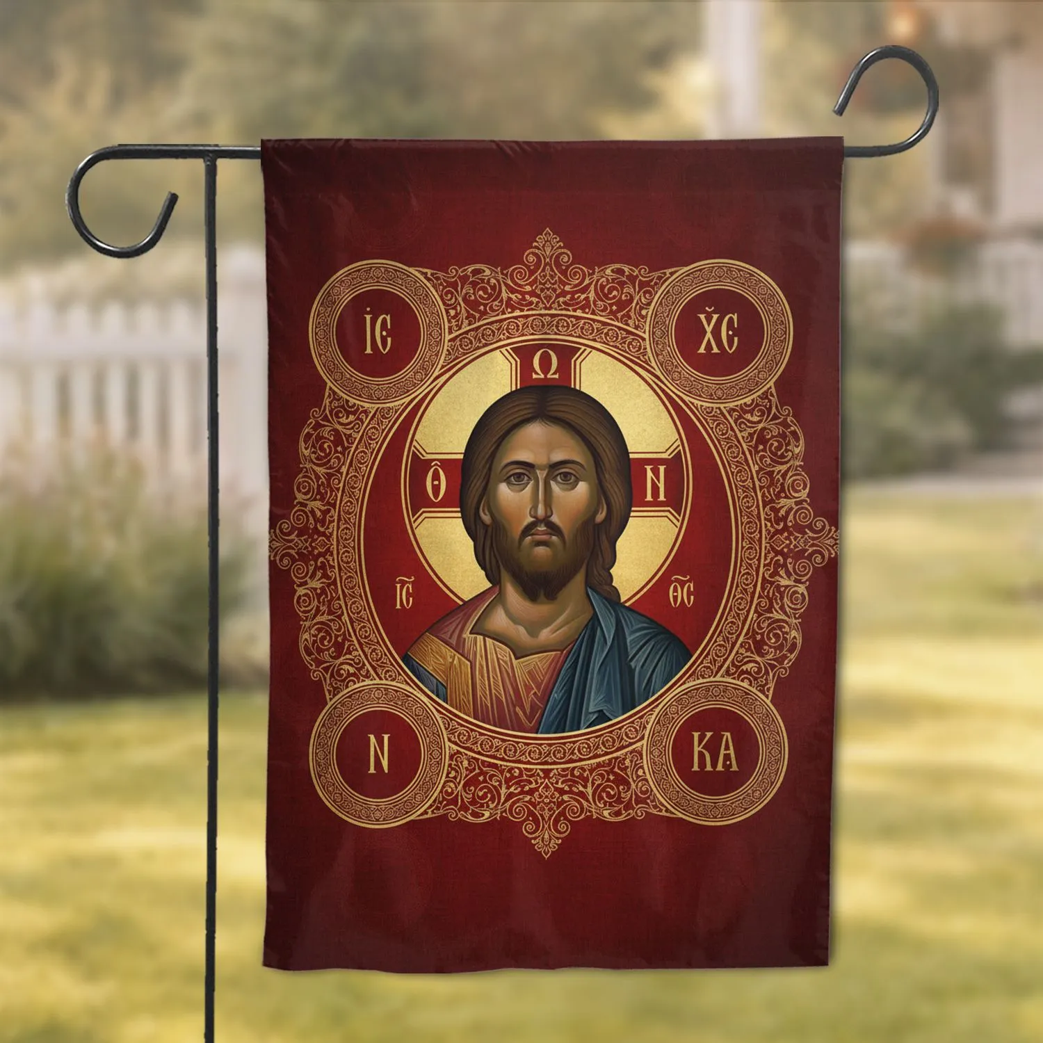Byzantine Orthodox Jesus Christ Conquers Icon Golden Halo - Sacred Home Decor Gift Garden Flag - 1