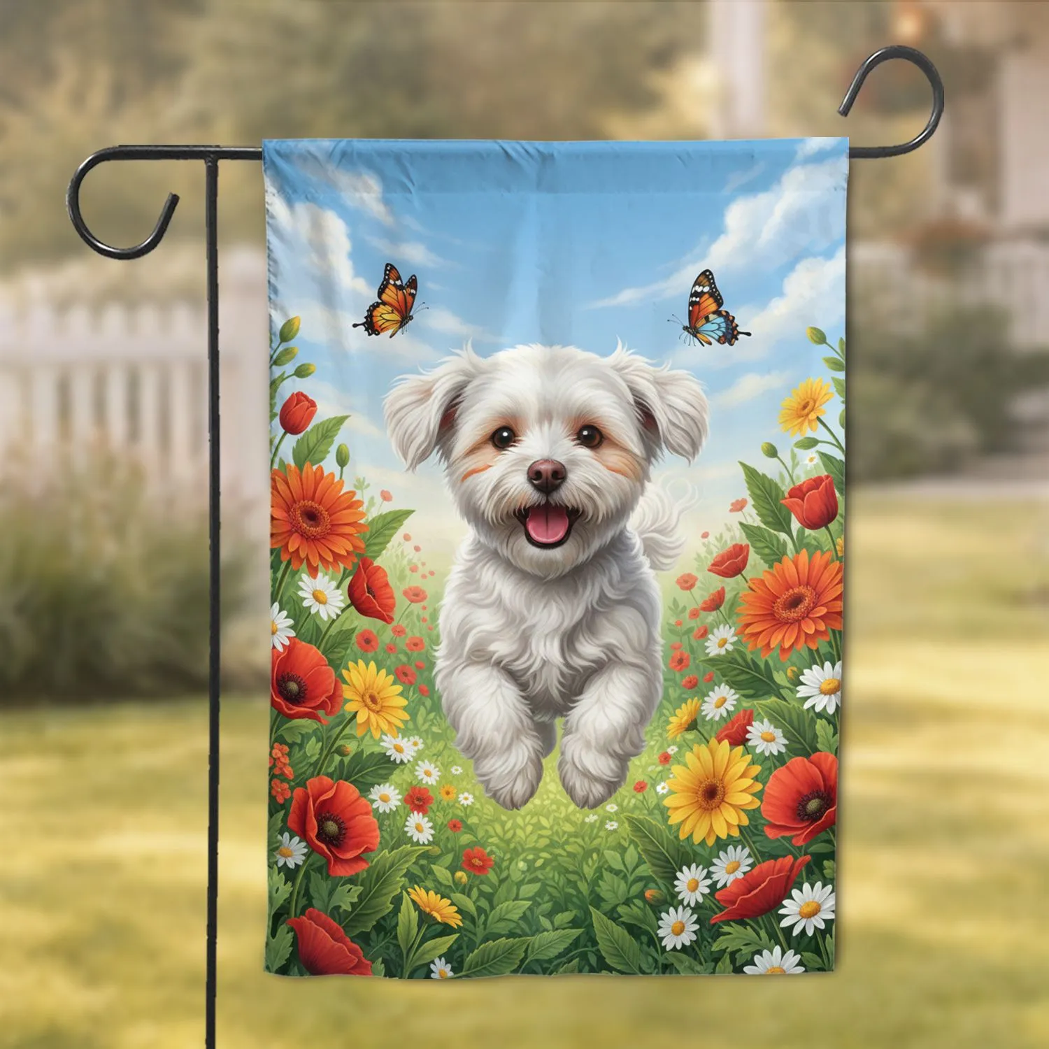 Playful Maltese Dog Garden Flowers Butterflies - Home Decor Gift for Pet Lover Garden Flag - 1