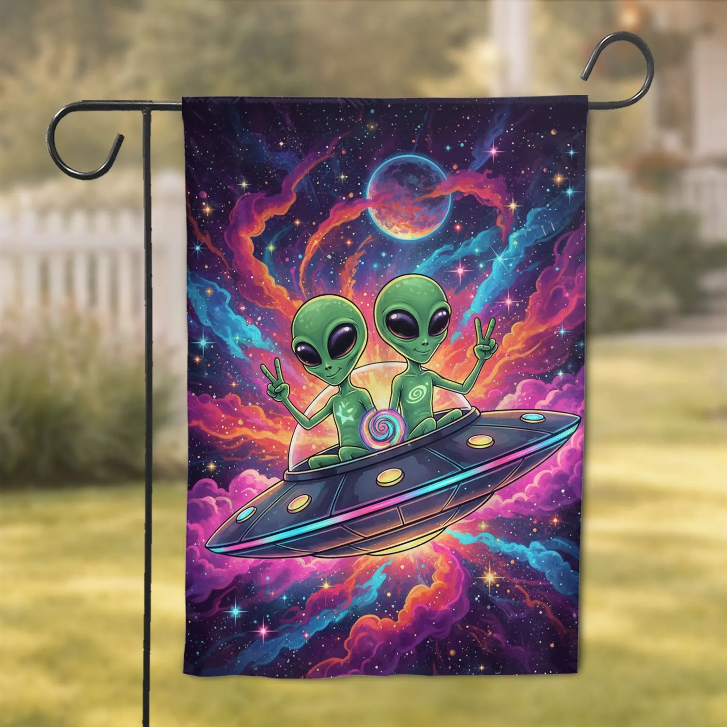 Green Alien UFO Peace Sign - Sci-Fi Lover Home Decor Gift Garden Flag - 1
