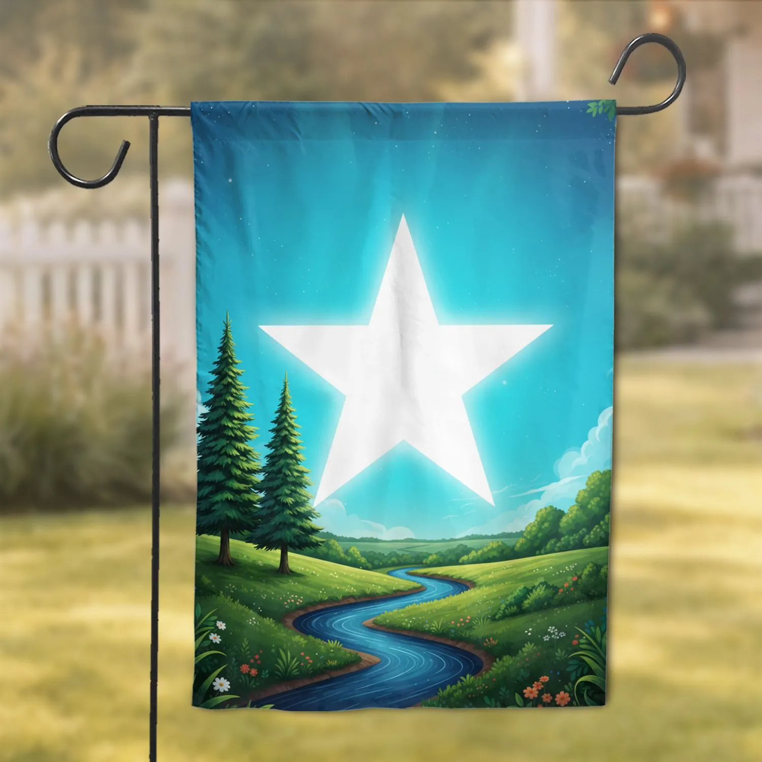 White Five-Pointed Star Evergreen Trees River Blue Sky Landscape - Home Decor Gift Garden Flag - 1