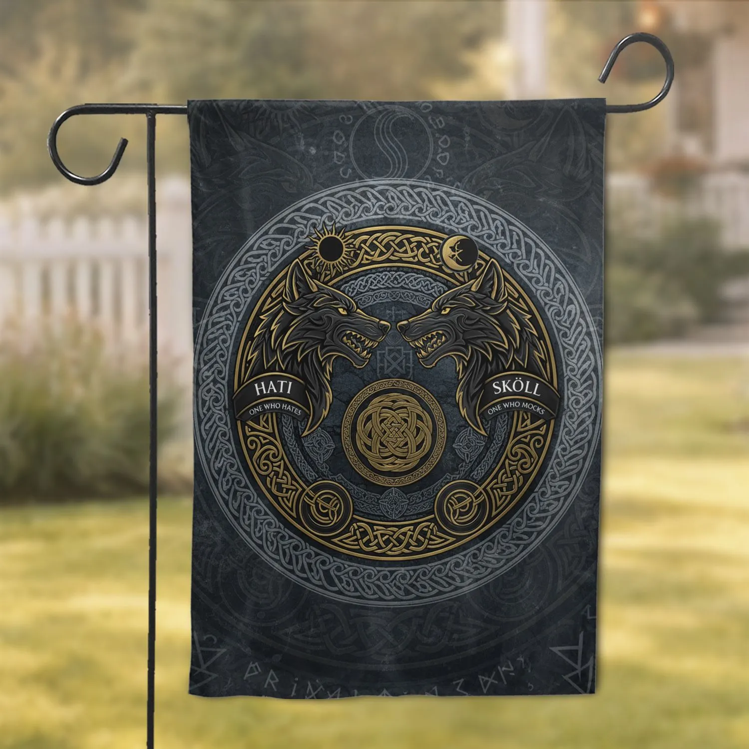 Hati Sköll Wolf Heads Sun Moon Norse Celtic Knot Mythology Decor Garden Flag - 1