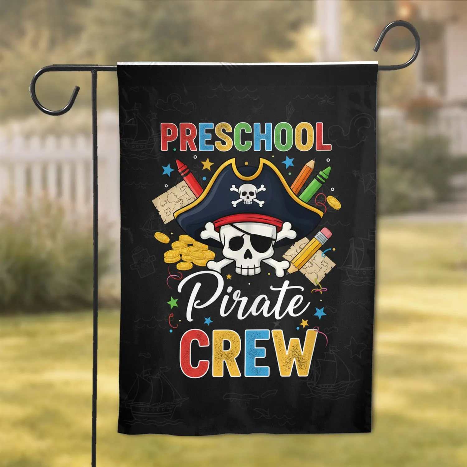 Preschool Pirate Hat Skull Crossbones Crayons - Kids Room Decor for Preschoolers Garden Flag - 1