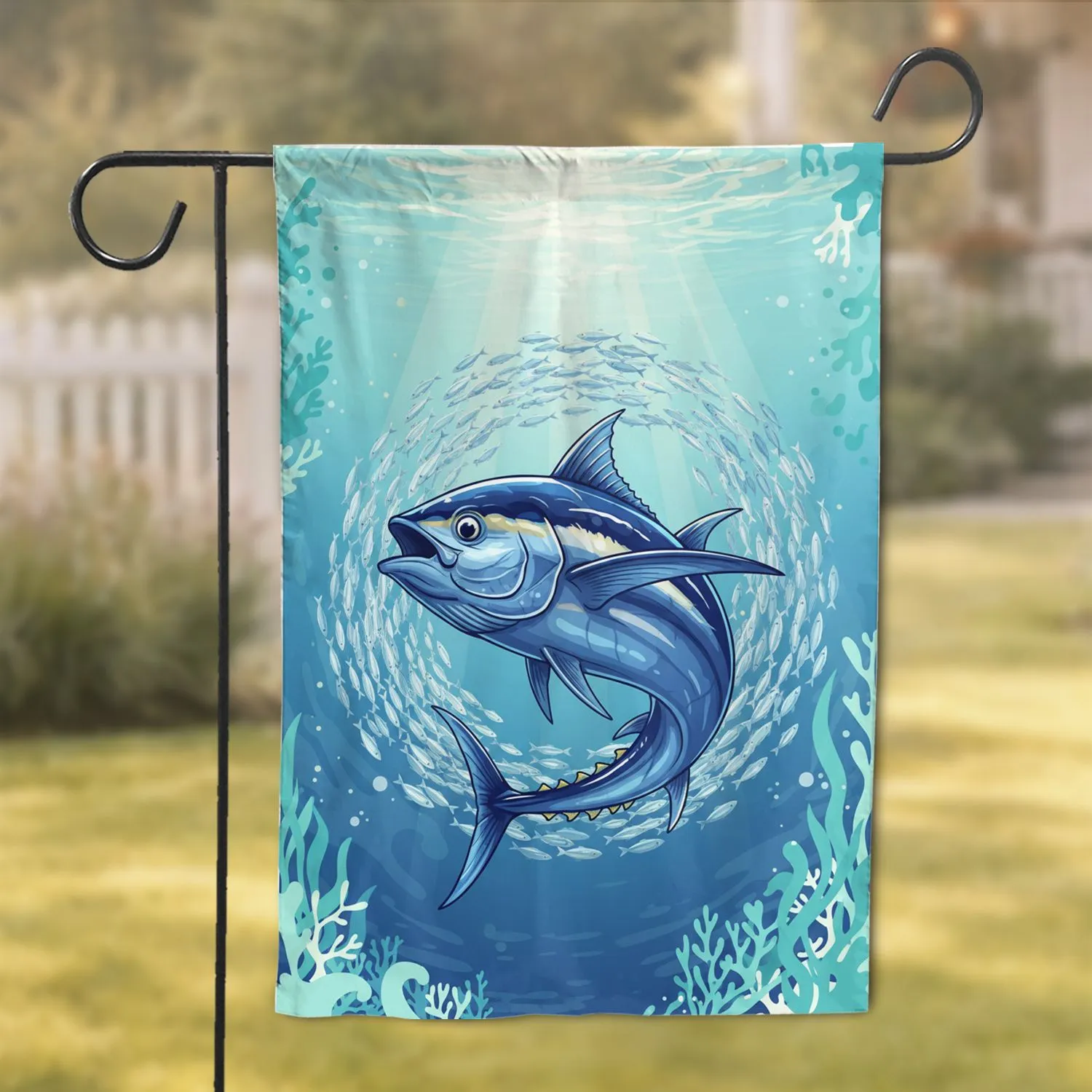 Large Bluefin Tuna Baitfish Ocean Light Rays - Wildlife Lover Home Decor Gift Garden Flag - 1