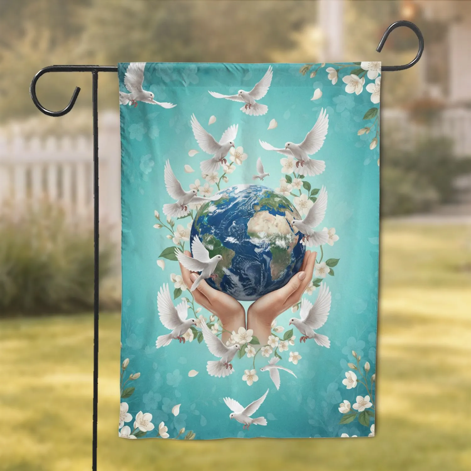 Hands Cupping Earth Globe Doves Floral - Home Decor Gift for Peace Lover Garden Flag - 1