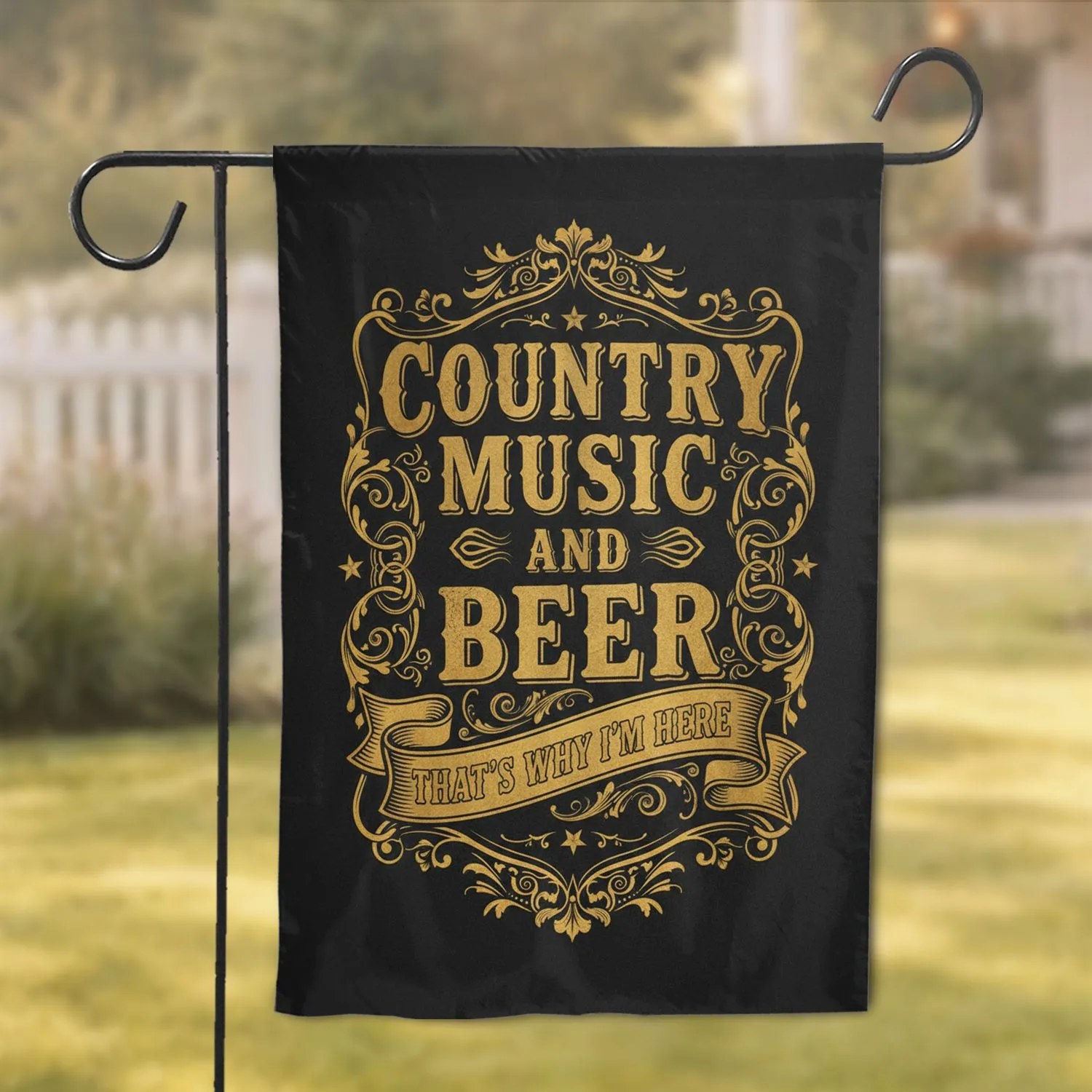 Metallic Gold Country Music Beer Text Scrollwork Banner - Home Decor Gift Garden Flag - 1