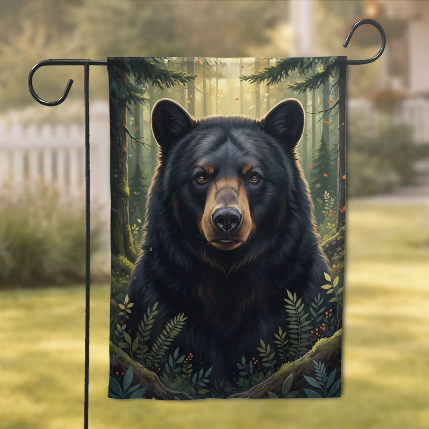 Majestic Black Bear Portrait Sun-Dappled Forest - Wildlife Lover Home Decor Gift Garden Flag - 1