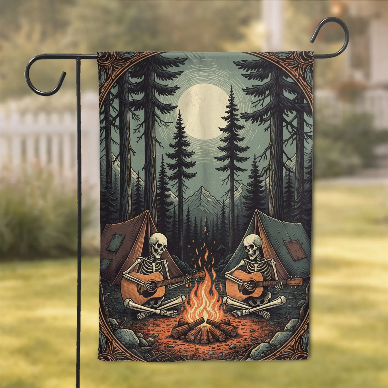 Skeletons Playing Guitar Campfire - Moonlit Wilderness Decor Gift for Music Lovers Garden Flag - 1