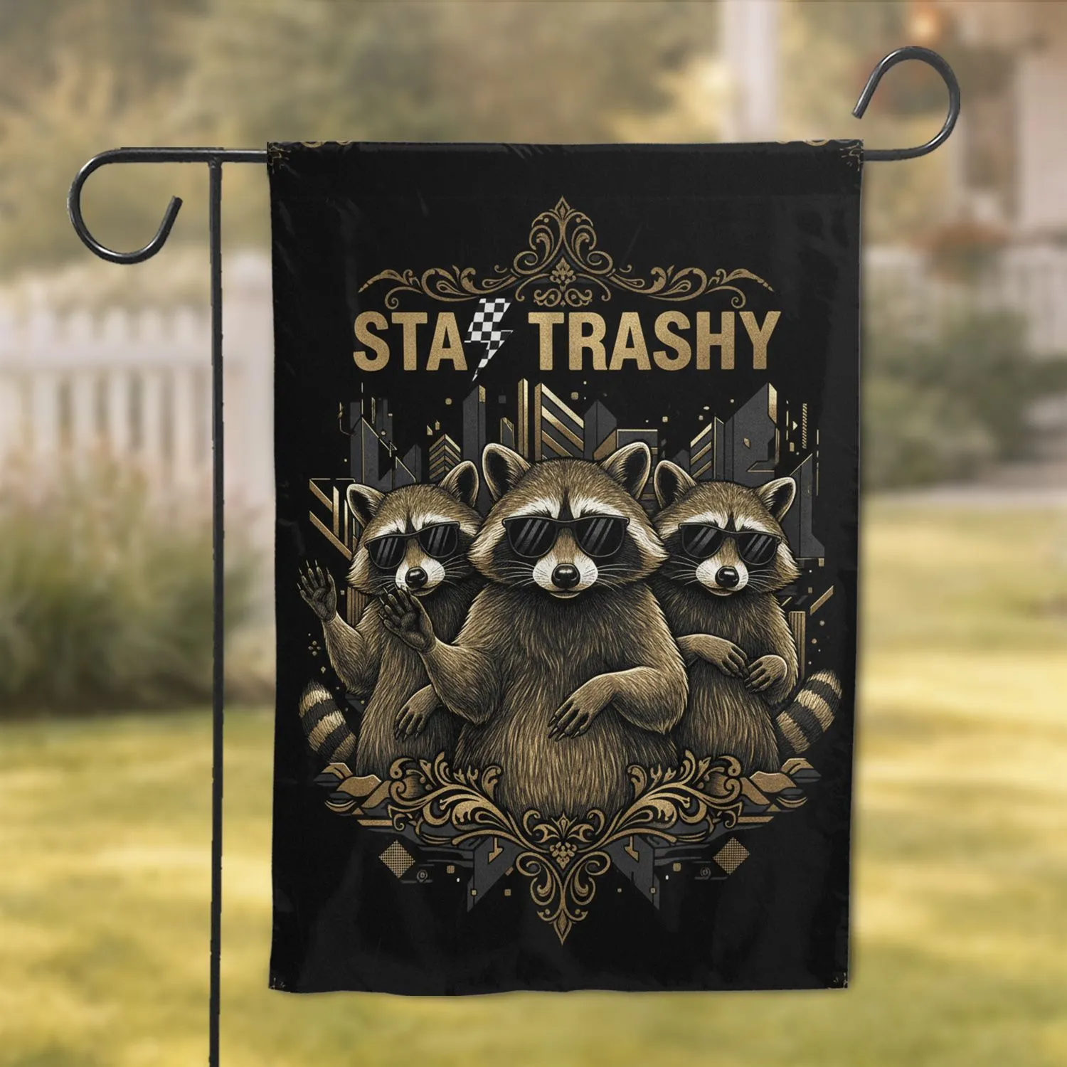 Stay Trashy Raccoons with Sunglasses - Humorous Home Decor Gift Garden Flag - 1