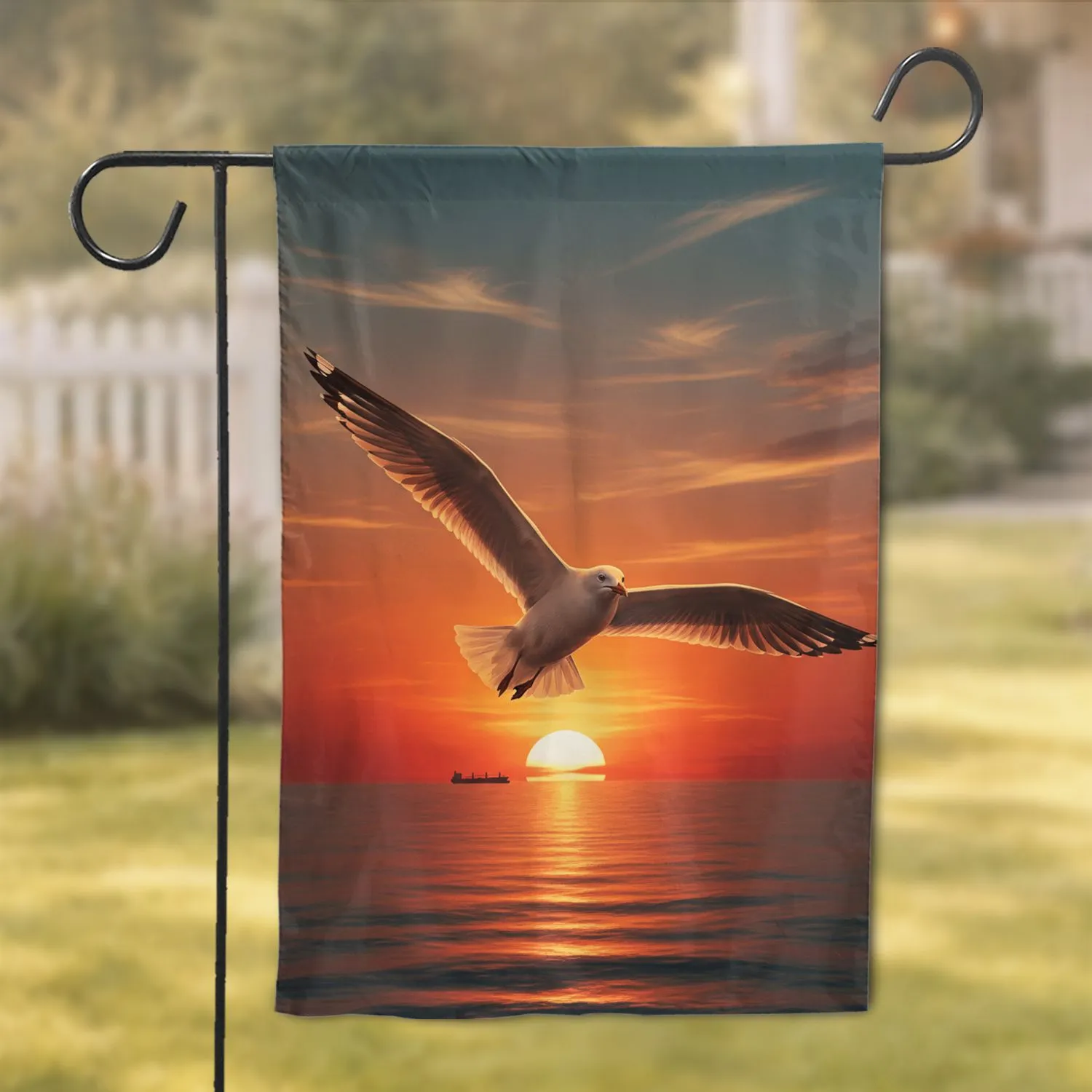 White Seagull Sunset Cargo Ship - Home Decor Gift for Wildlife Lovers & Ocean Enthusiasts Garden Flag - 1