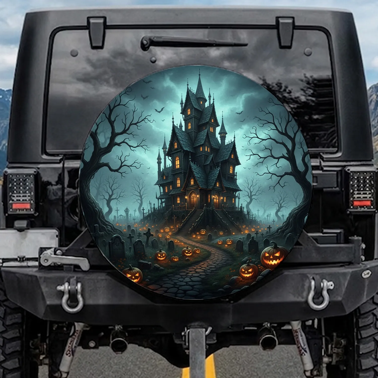 Haunted Mansion Jack-O'-Lantern Graveyard Halloween Decoration Horror Lover Gift Spare Tire Cover - 1