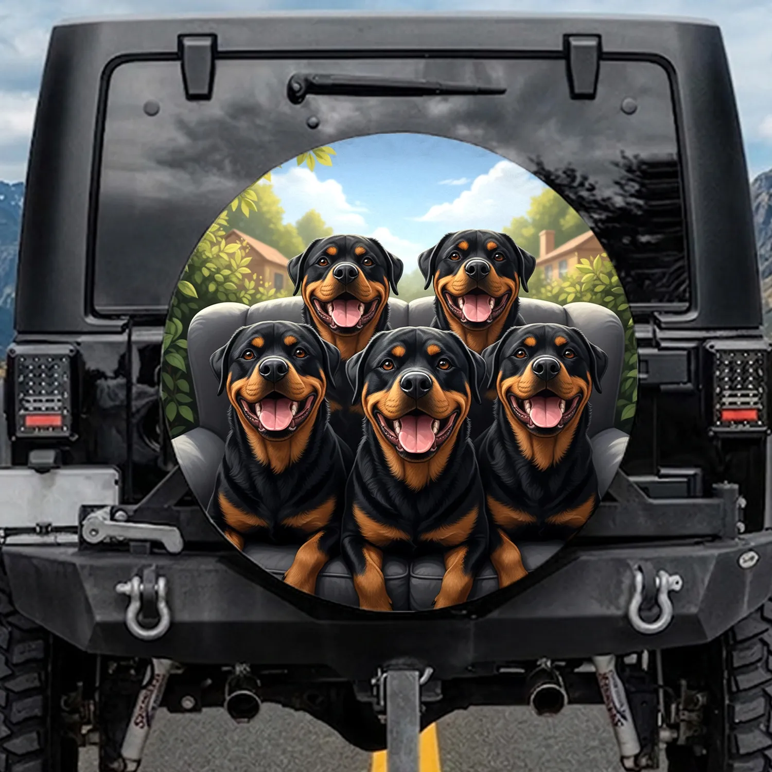 Six Happy Smiling Rottweiler Dogs Plush Seating Outdoor Landscape - Dog Lover Gift Spare Tire Cover - 1