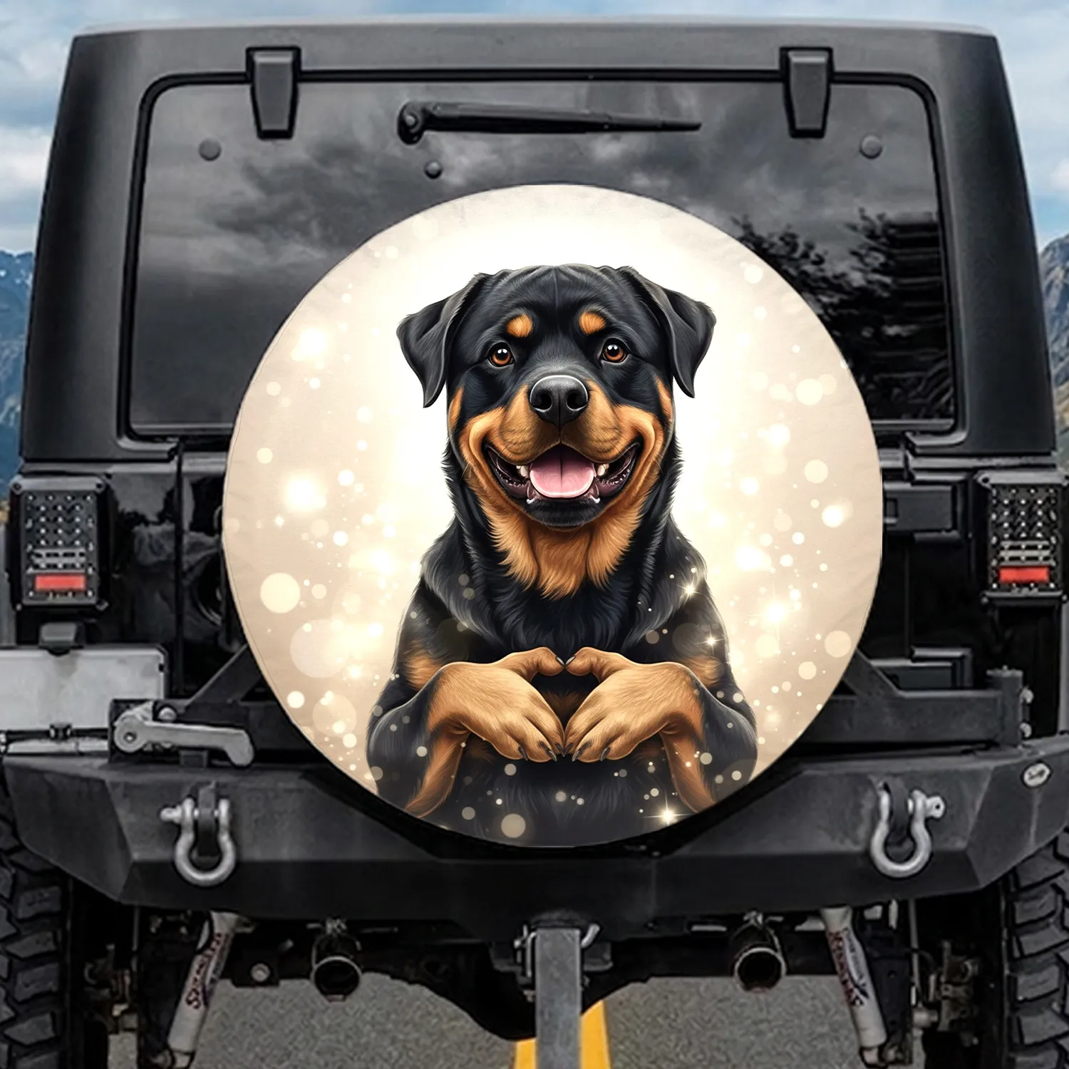 Rottweiler Heart Paws Smile Tongue Out Shimmering Lights - Dog Lover Gift for Pet Owner Spare Tire Cover - 1