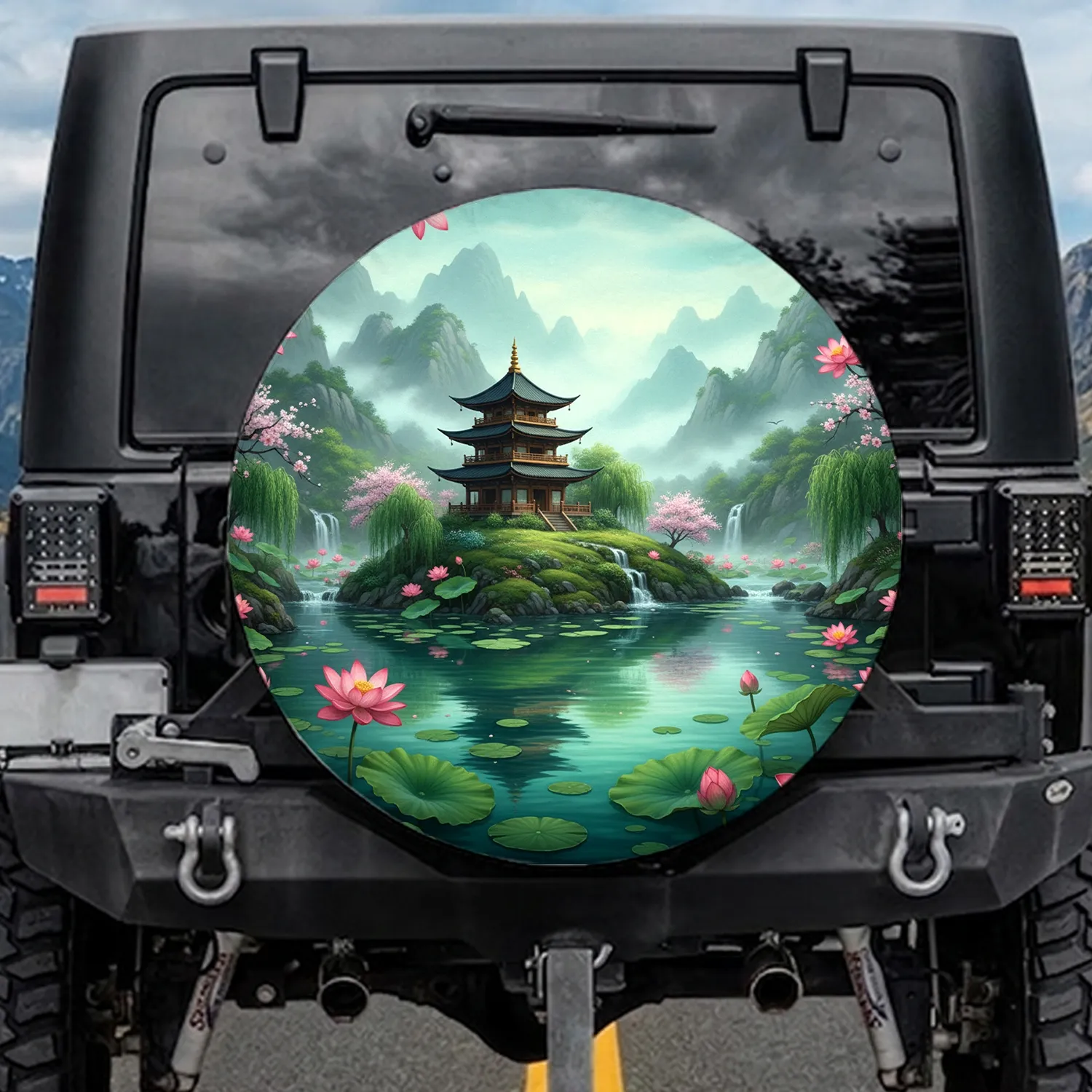 Asian Pagoda Emerald Lake Pink Lotus Lily Pad Waterfalls - Home Decor Gift Spare Tire Cover - 1