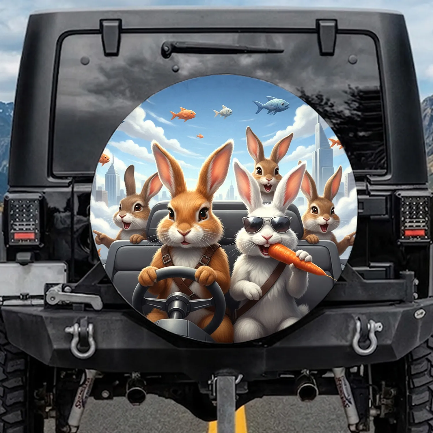 Six Rabbits Journey Cityscape - Travel Essentials Gift for Adventure Seekers Spare Tire Cover - 1