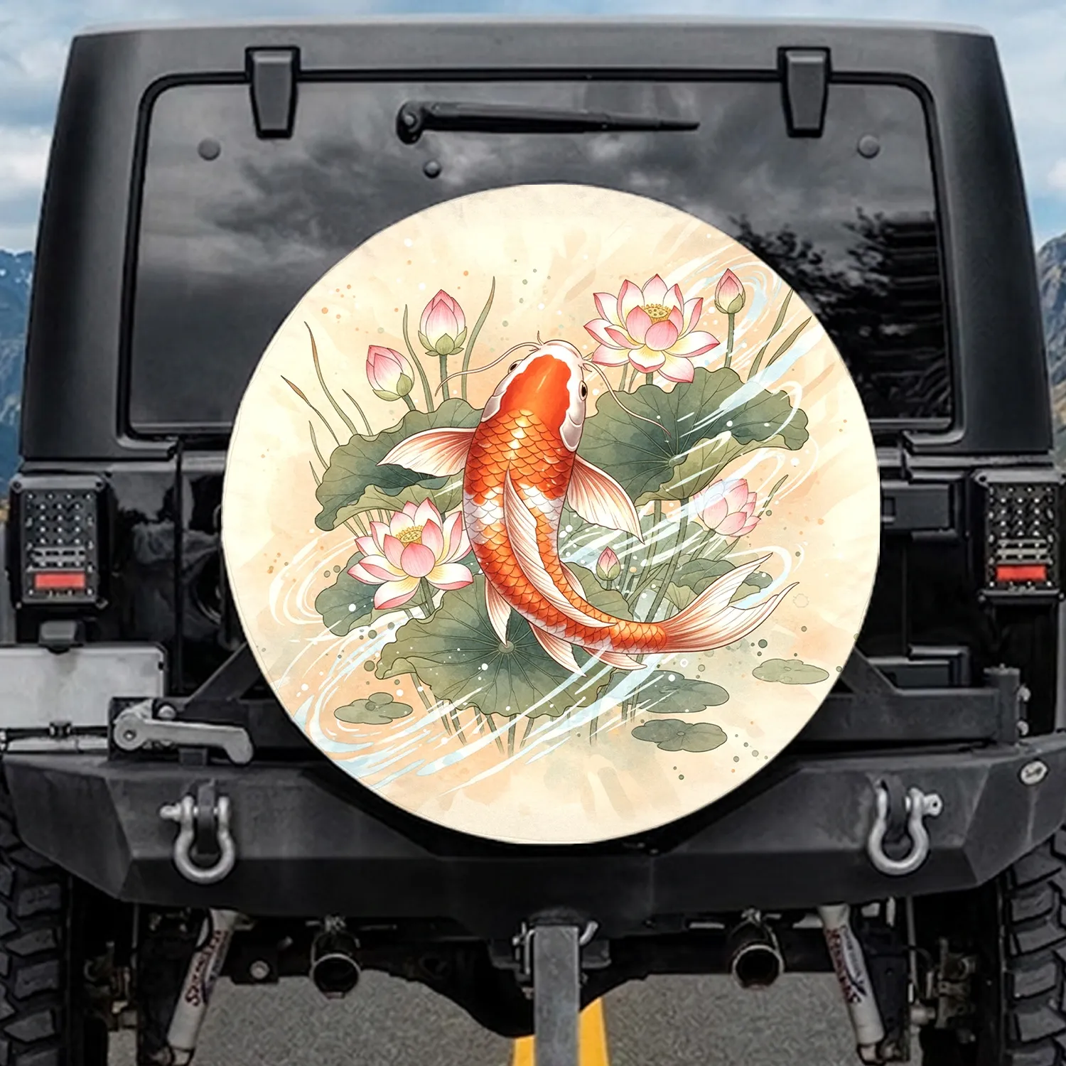 Koi Fish Lotus Flowers Aquatic Plants Water Ripples - Vehicle Decor Gift Spare Tire Cover - 1