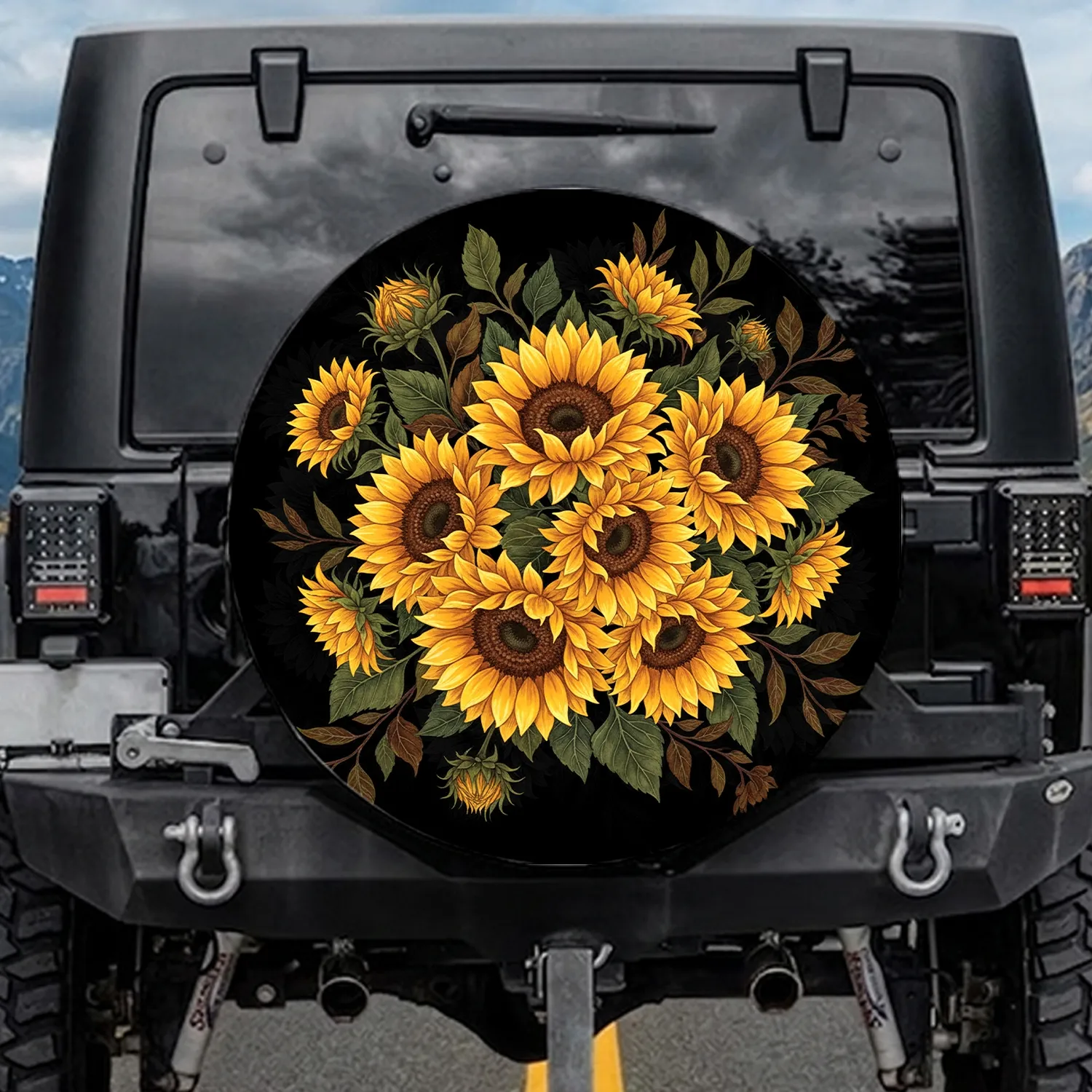 Sunflowers Yellow Petals Brown Centers Green Foliage Dark Background - Garden Lover Gift Spare Tire Cover - 1