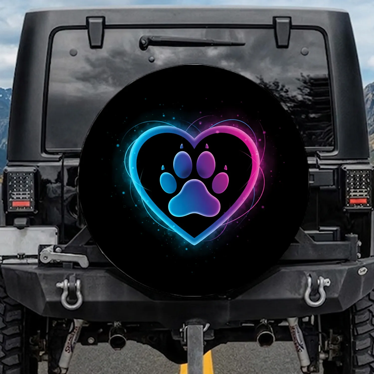 Nebula Glowing Electric Blue Magenta Paw Print Heart Animal Lover Gift Spare Tire Cover - 1