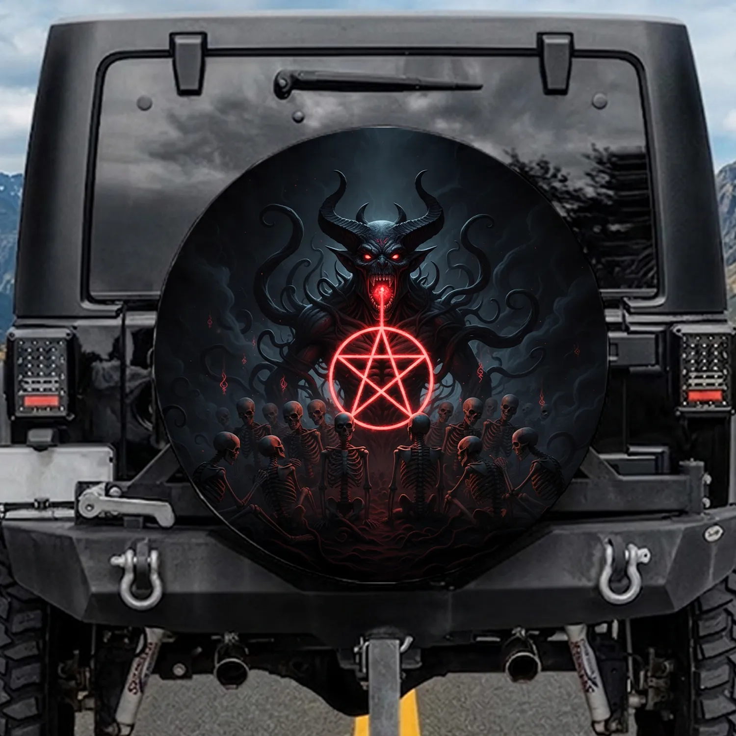Monstrous Demonic Entity Glowing Red Pentagram Skeletons - Dark Horror Fantasy Lover Gift Spare Tire Cover - 1