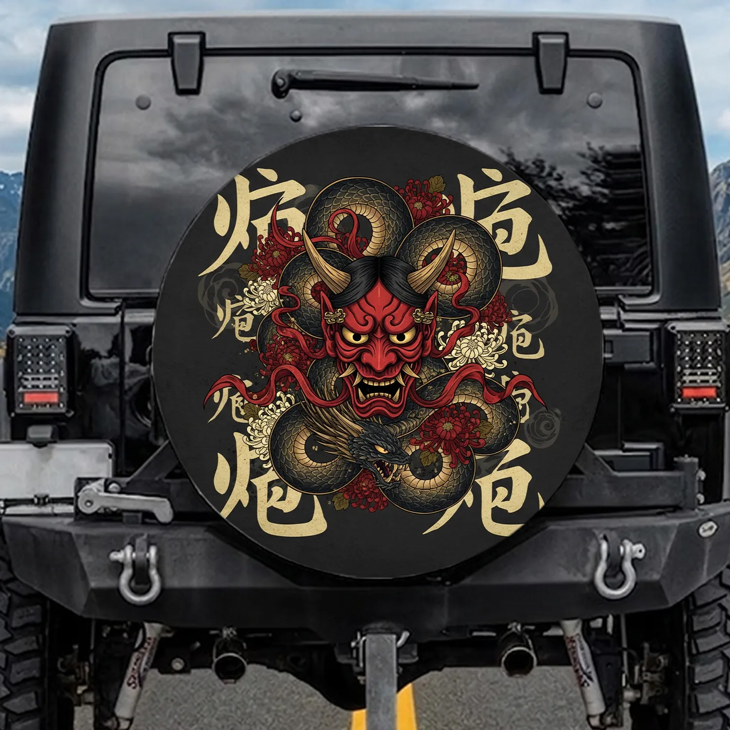 Red Oni Mask Serpent Dragon Chrysanthemum Kanji - Japanese Heritage Vehicle Decor Spare Tire Cover - 1