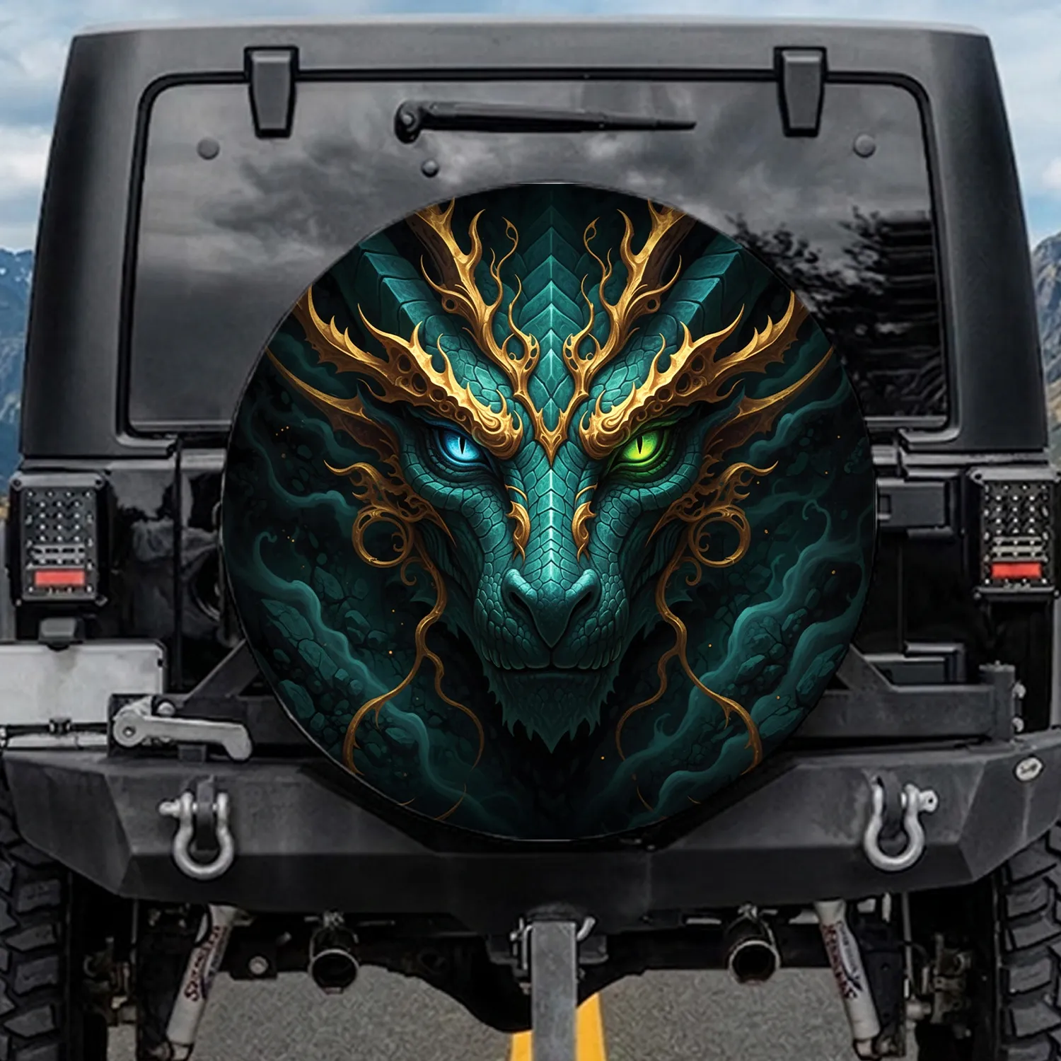 Ancient Dragon Face Mismatched Eyes Gold Accents Swirling Tendrils - Fantasy Lover Gift Spare Tire Cover - 1