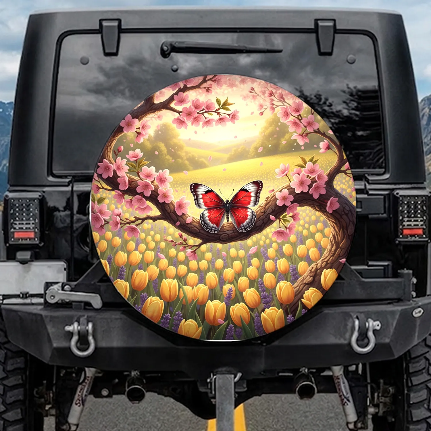 Red Butterfly Cherry Blossom Tulips Lavender - Outdoor Life Gift Spare Tire Cover - 1