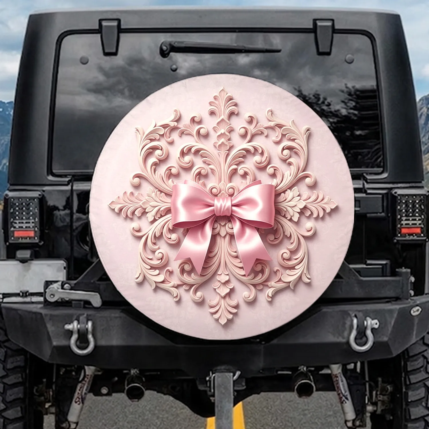 Satin Ribbon Bow Rococo Filigree Damask Patterns Home Decor Gift Spare Tire Cover - 1
