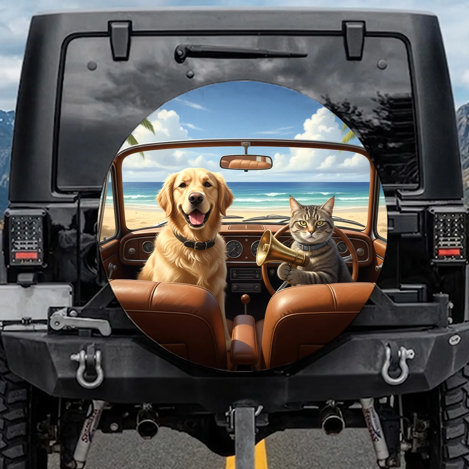 Golden Retriever Dog Tabby Cat Steering Wheel Beach - Vehicle Travel Essentials Spare Tire Cover - 1