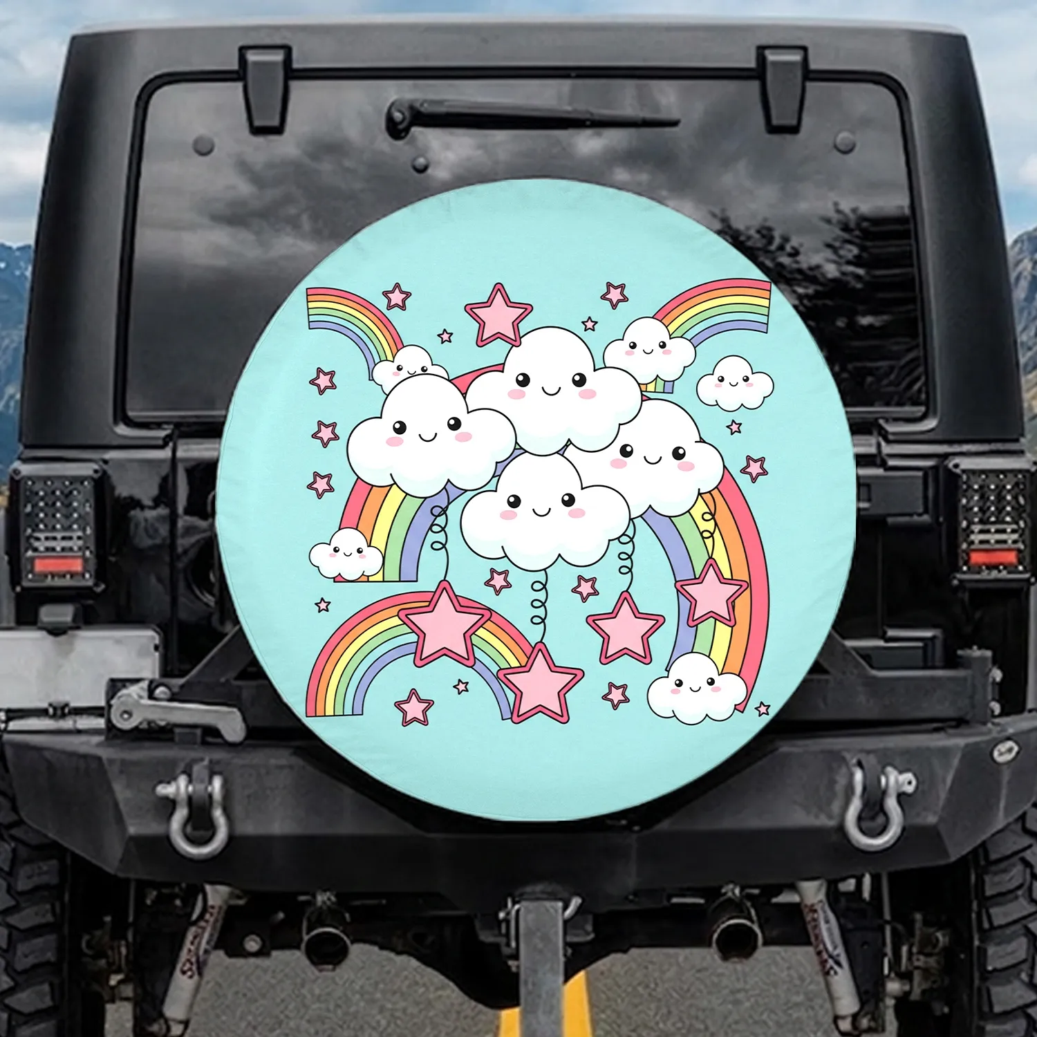 Floating Smiling Clouds Rainbow Arcs Pink Outline Stars - Everyday Car Decor Gift Spare Tire Cover - 1