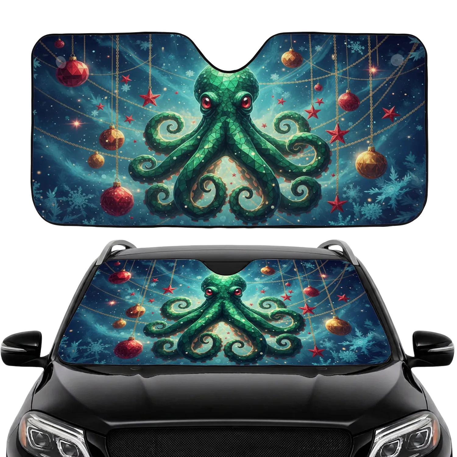 Majestic Octopus Stained Glass Christmas Tree Festive Red Gold Ornaments - Road Trip Gift Car Sunshade - 1
