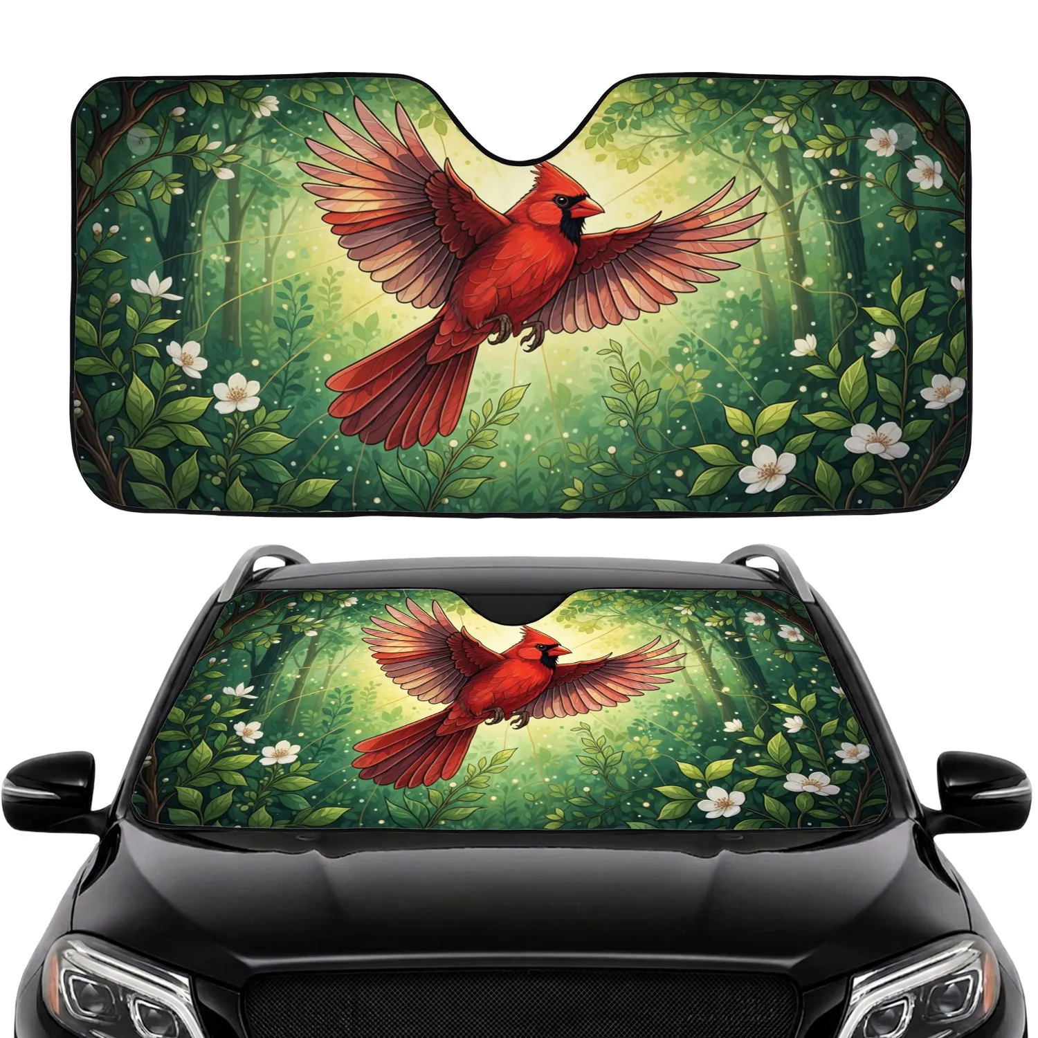 Northern Cardinal Stained Glass Forest - Car Interior Upgrade Bird Watcher Gift Car Sunshade - 1