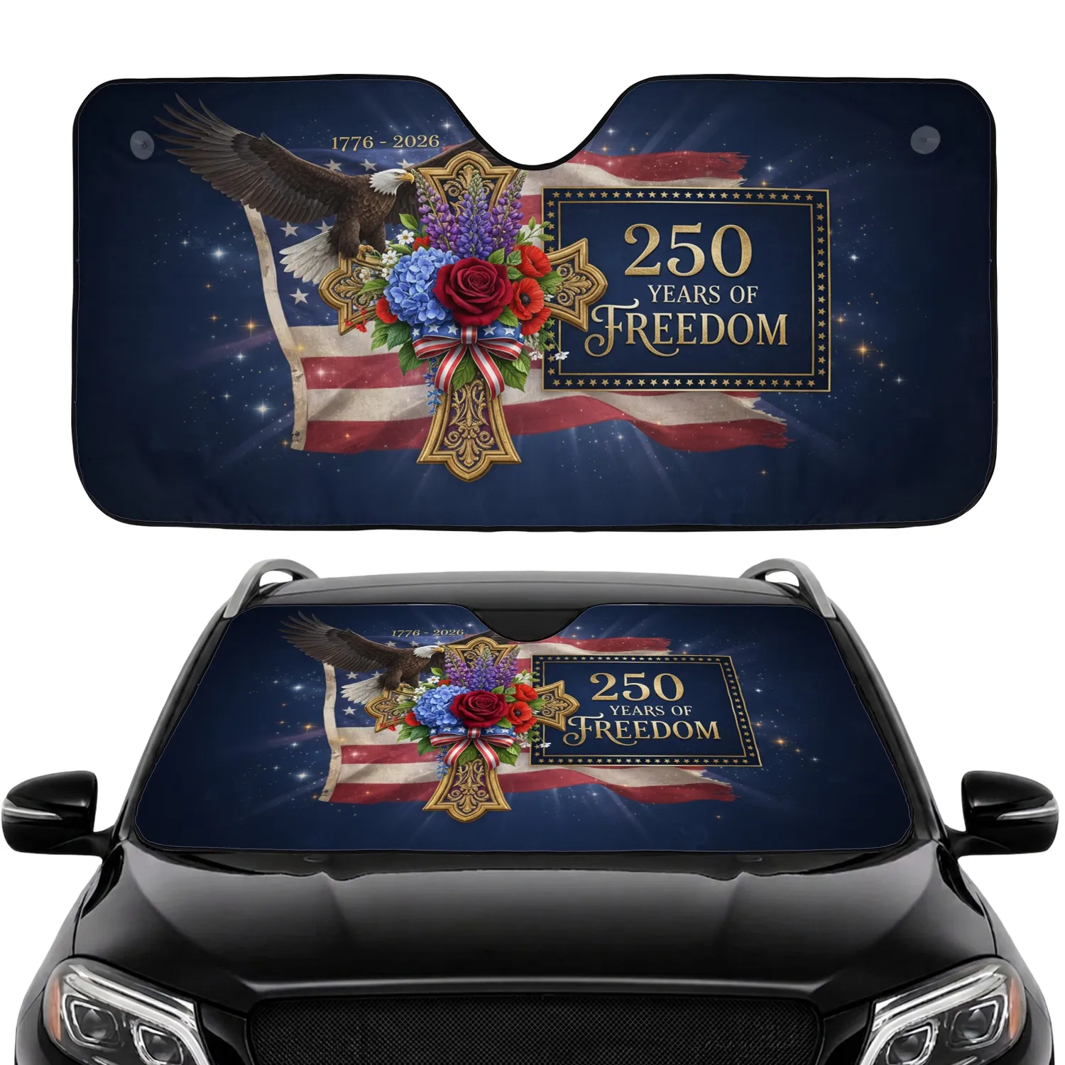 Bald Eagle Gilded Cross American Flag 1776-2026 - 250 Years of Freedom Road Trip Gift Car Sunshade - 1