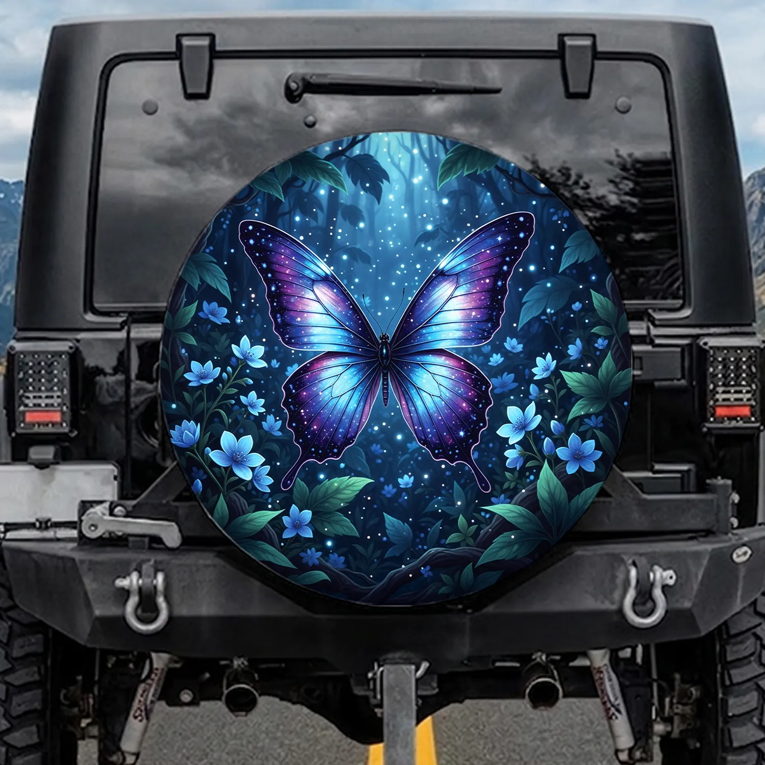 Luminous Blue Purple Butterfly Night Garden Fireflies Flowers - Outdoor Decor Gift Spare Tire Cover - 1