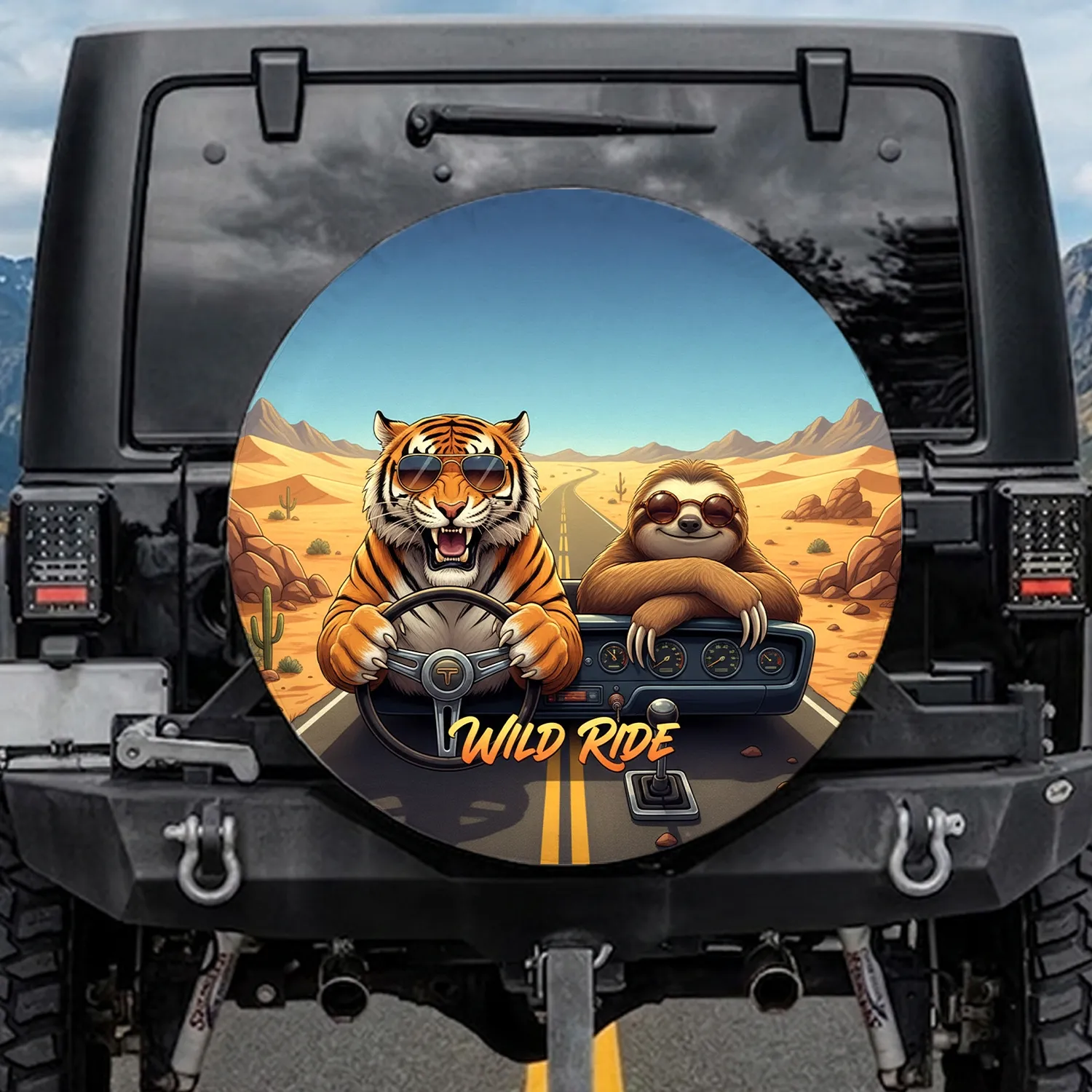 Roaring Tiger Aviator Sloth Passenger - Road Trip Adventure Wildlife Gift Spare Tire Cover - 1