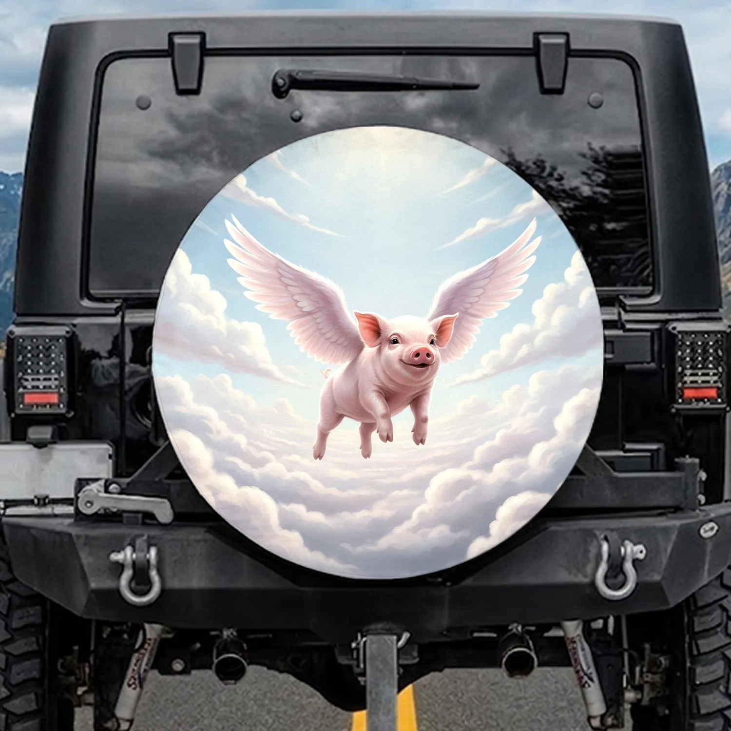 Realistic Feathered Pink Angel Wing Baby Pig Soaring Clouds - Wildlife Lover Gift Spare Tire Cover - 1