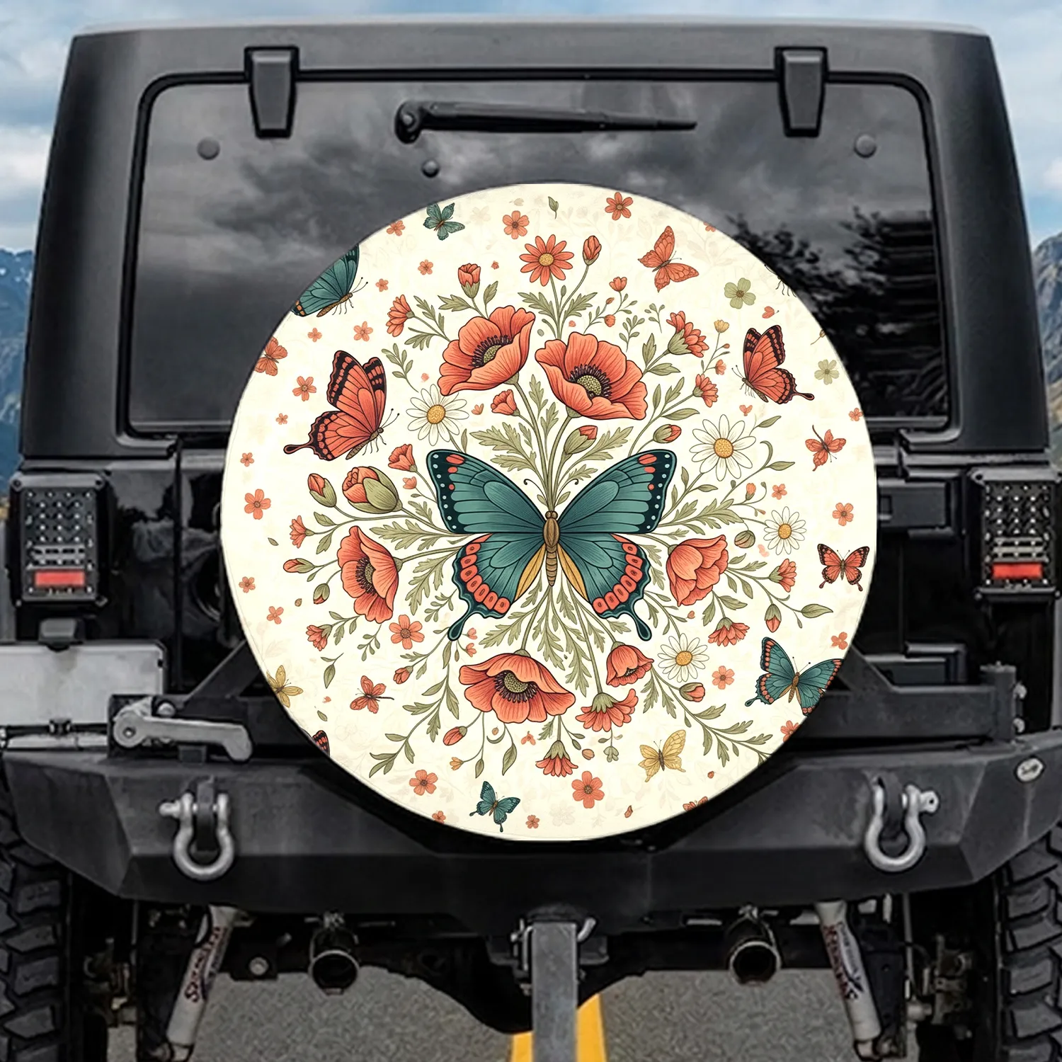 Butterflies Poppies Daisies Blossoms Leafy Sprigs Vines Garden - Outdoor Vehicle Accessory Gift Spare Tire Cover - 1