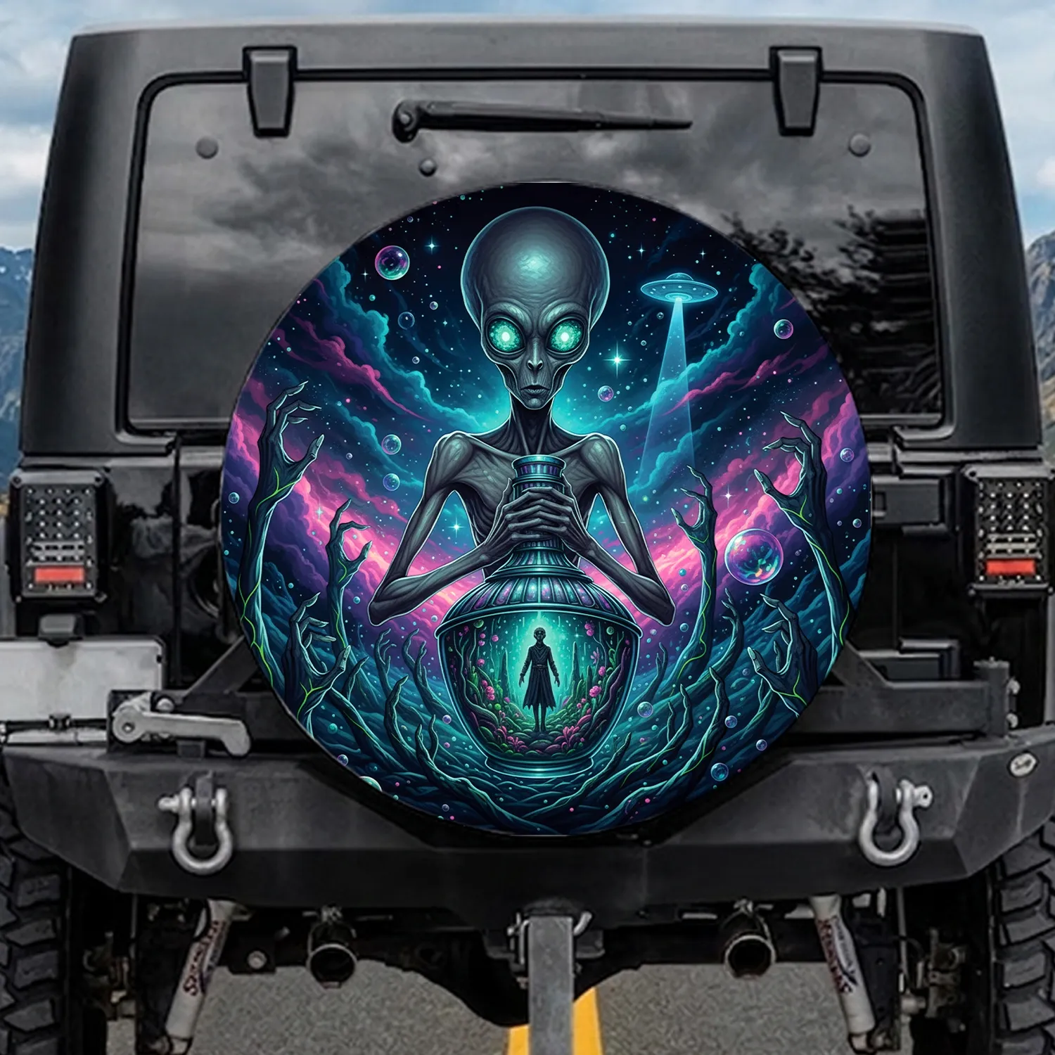 Luminous Grey Alien Flask UFO Cosmic Void - Otherworldly Sci-Fi Vehicle Decor Gift Spare Tire Cover - 1