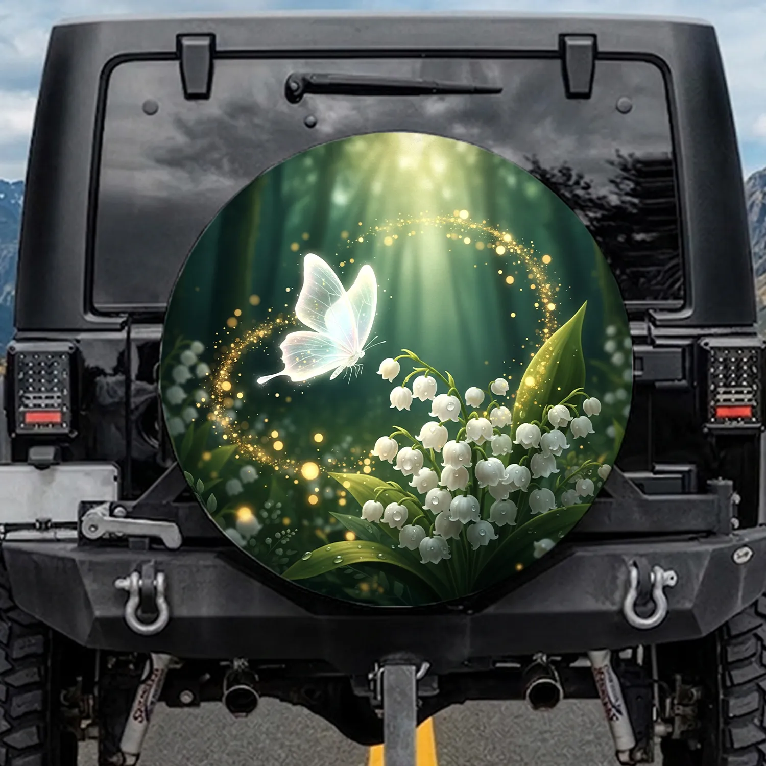 White Butterfly Lily Valley Forest Garden - Nature Lover Gift Spare Tire Cover - 1