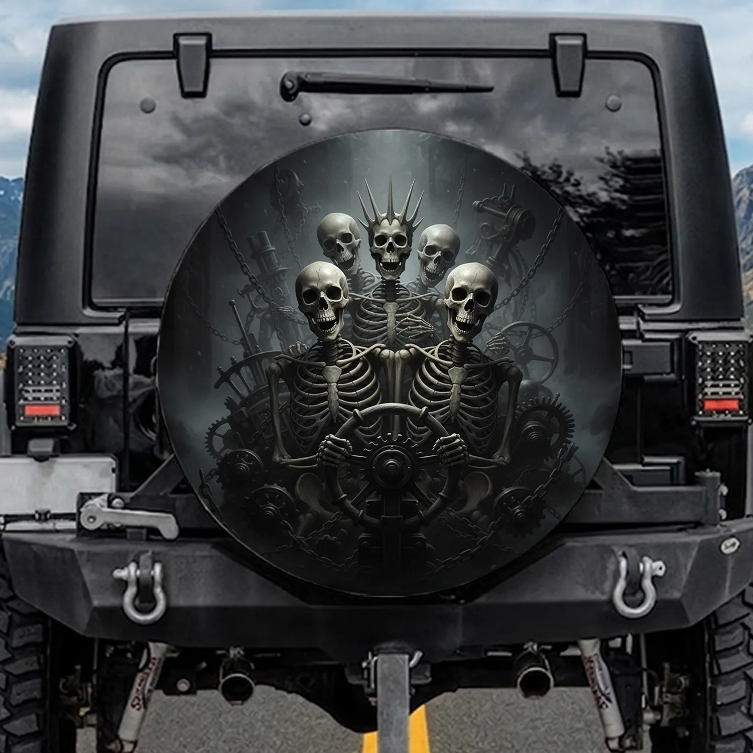 Cheerful Skeletons Steering Ghastly Ride - Macabre Enthusiast Gift for Car Owners Spare Tire Cover - 1