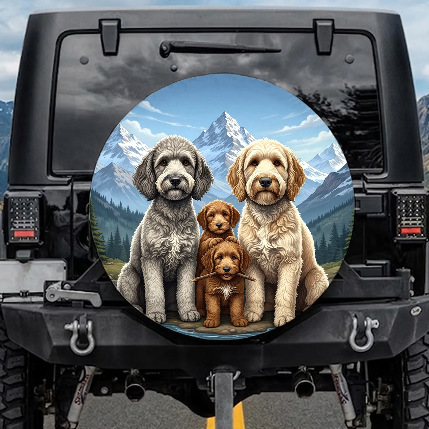 Poodle Goldendoodle Family Mountain Landscape - Dog Lover Outdoor Adventure Gift Spare Tire Cover - 1